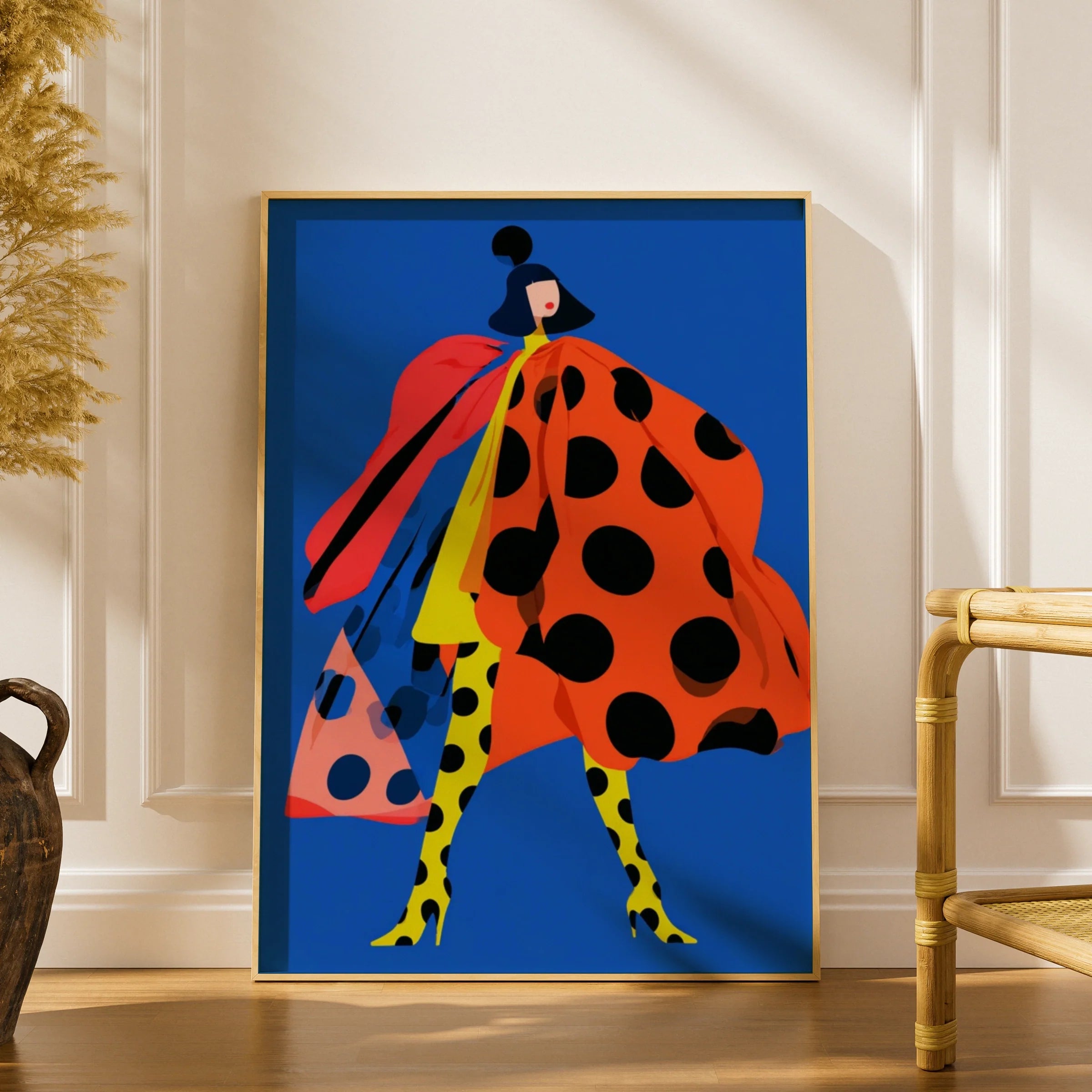 Polka Dot Fashion Poster, Bold Blue Wall Art, Colourful Woman Print, Maximalist Decor