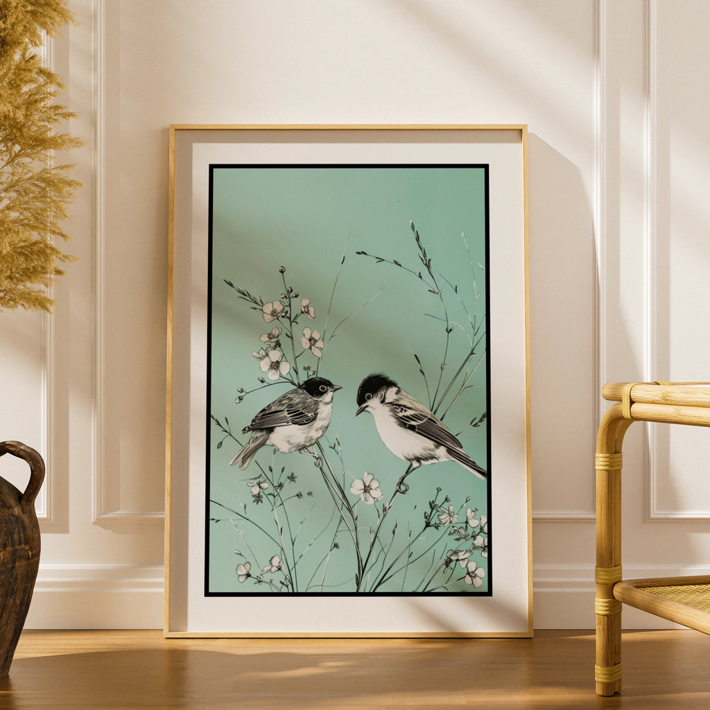 Botanical Wall Art | Teal Bird Poster,, Floral Wildflower Print, Mint Green Decor