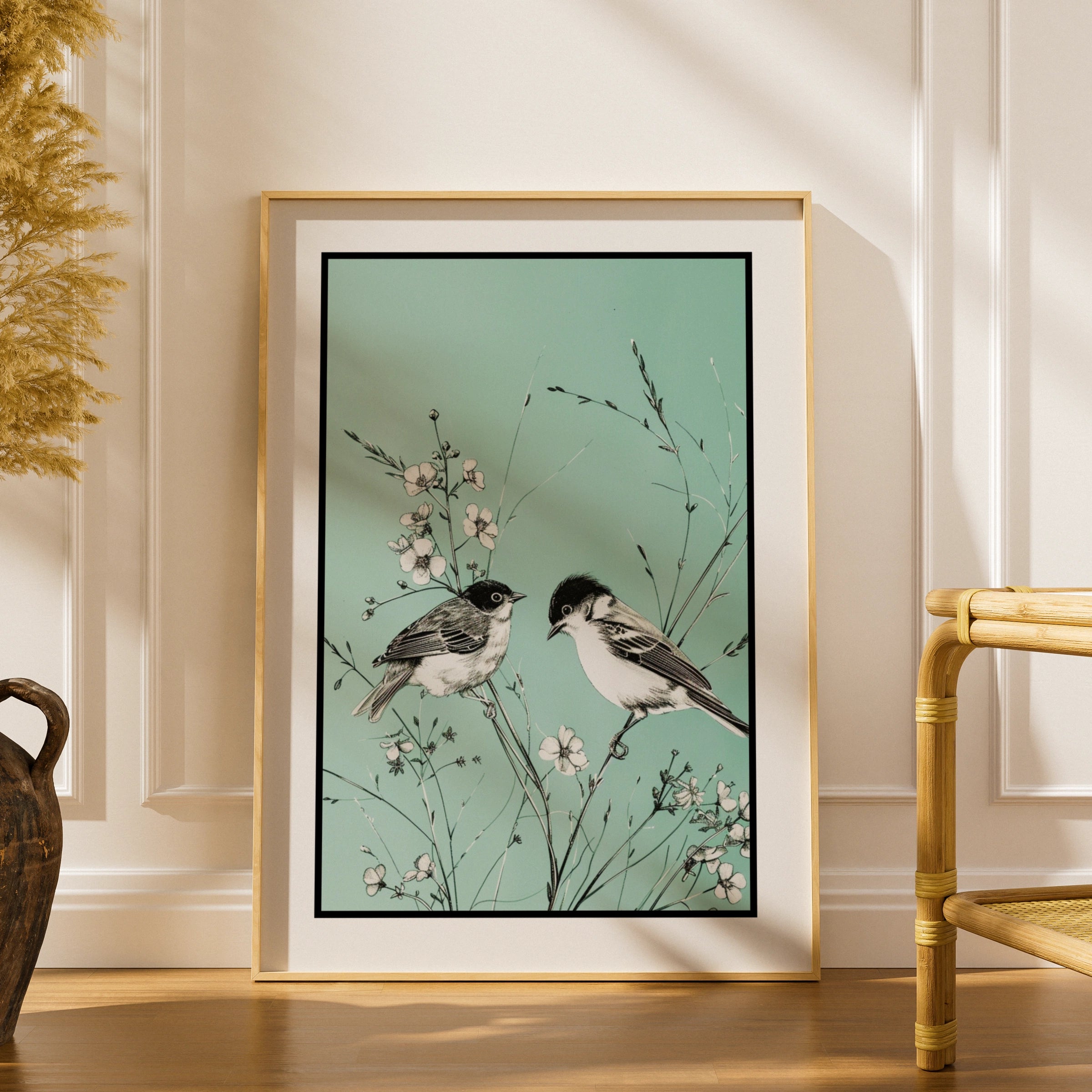 Botanical Wall Art | Teal Bird Poster,, Floral Wildflower Print, Mint Green Decor