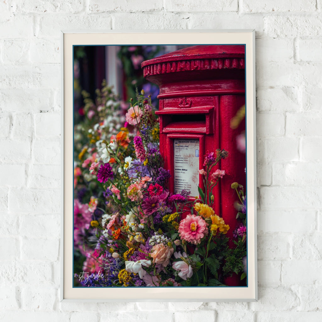 Red Post Box Floral Wall Art, British Letter Box Poster, London Flower Print