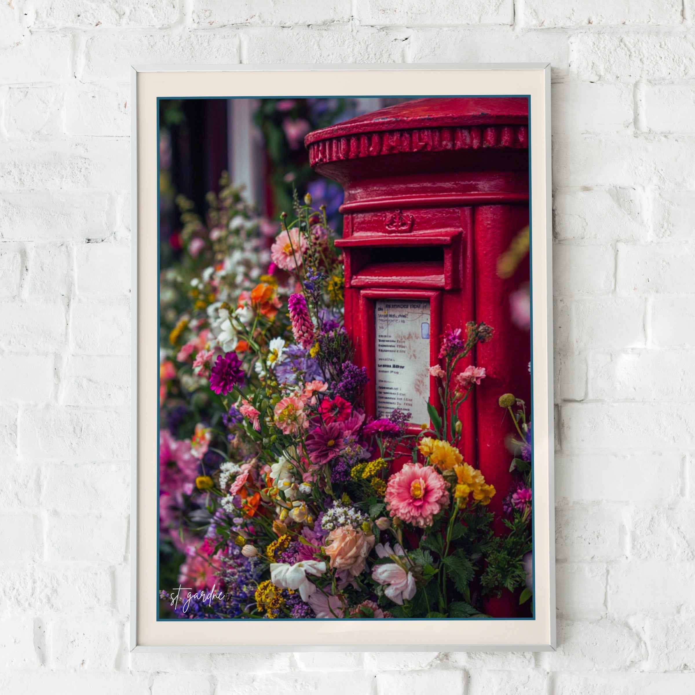 Red Post Box Floral Wall Art, British Letter Box Poster, London Flower Print