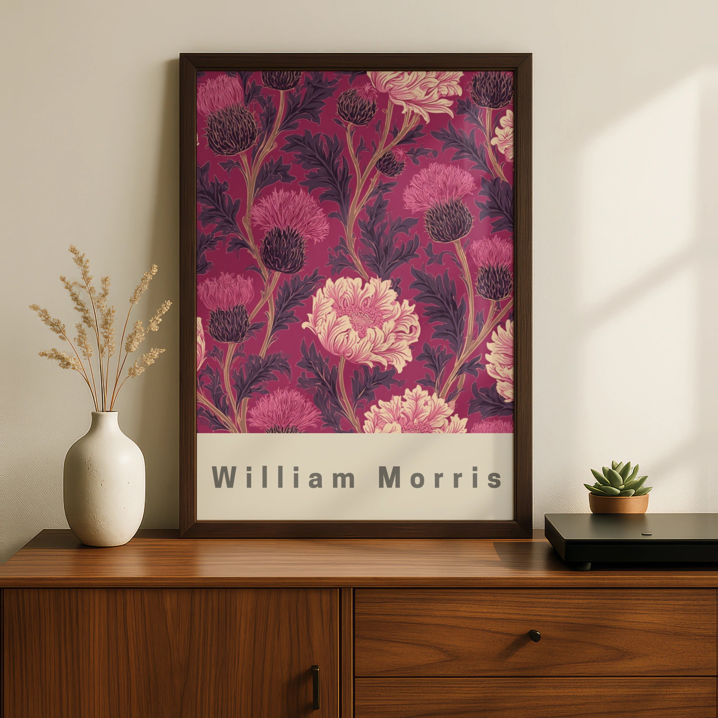 William Morris Raspberry Floral Poster, Botanical Wall Art, Pink Thistle Print, Arts and Crafts