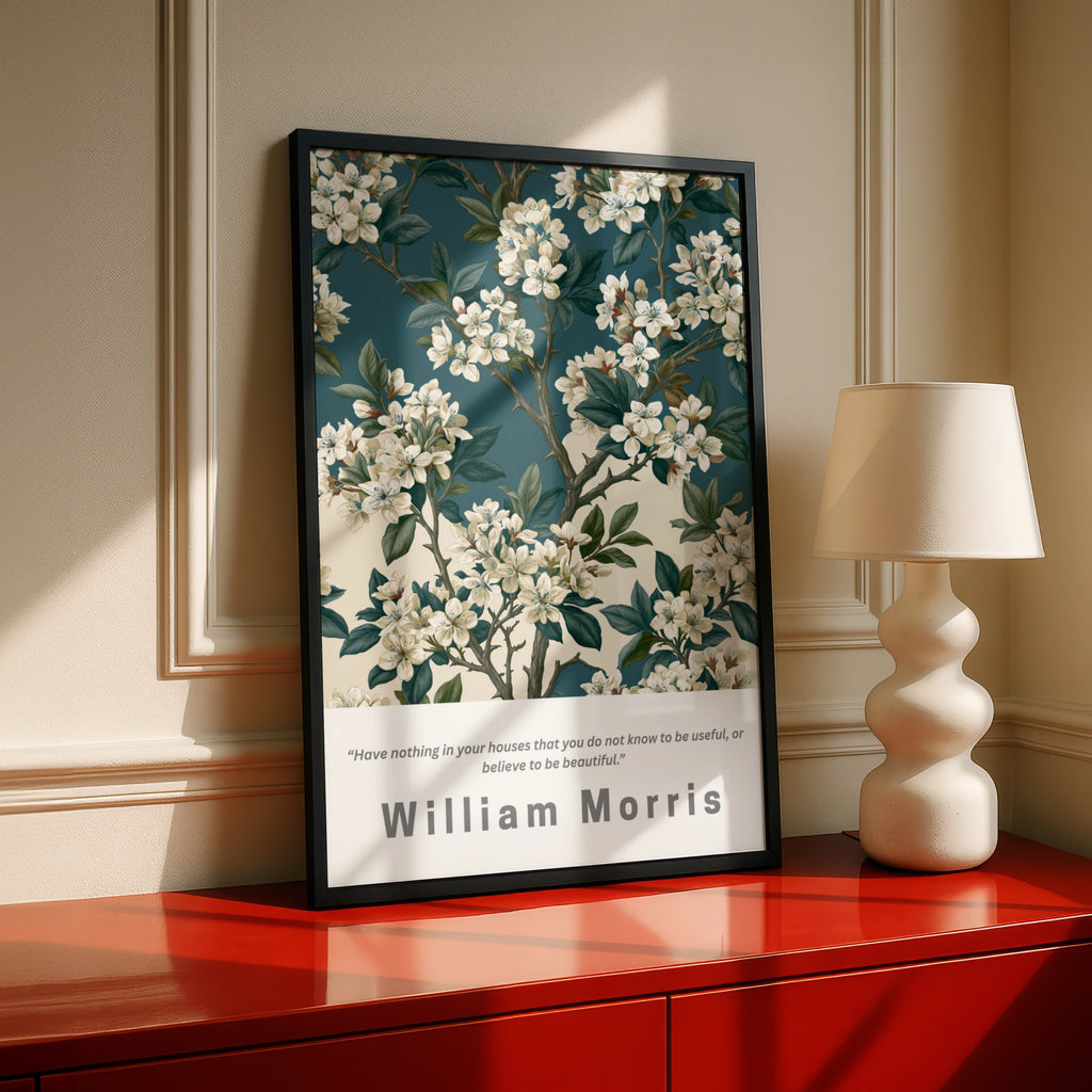 William Morris Thorn Floral Poster, Botanical Wall Art, Teal Cream Blossom Print
