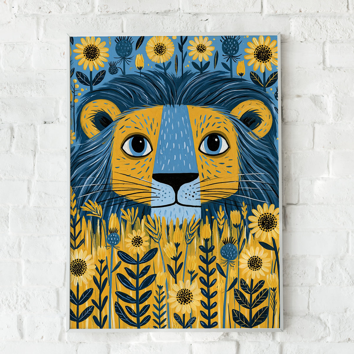 Kids Lion Poster, Floral Folk Art Print, Blue Yellow Nursery Wall Art, Children's Room Decor