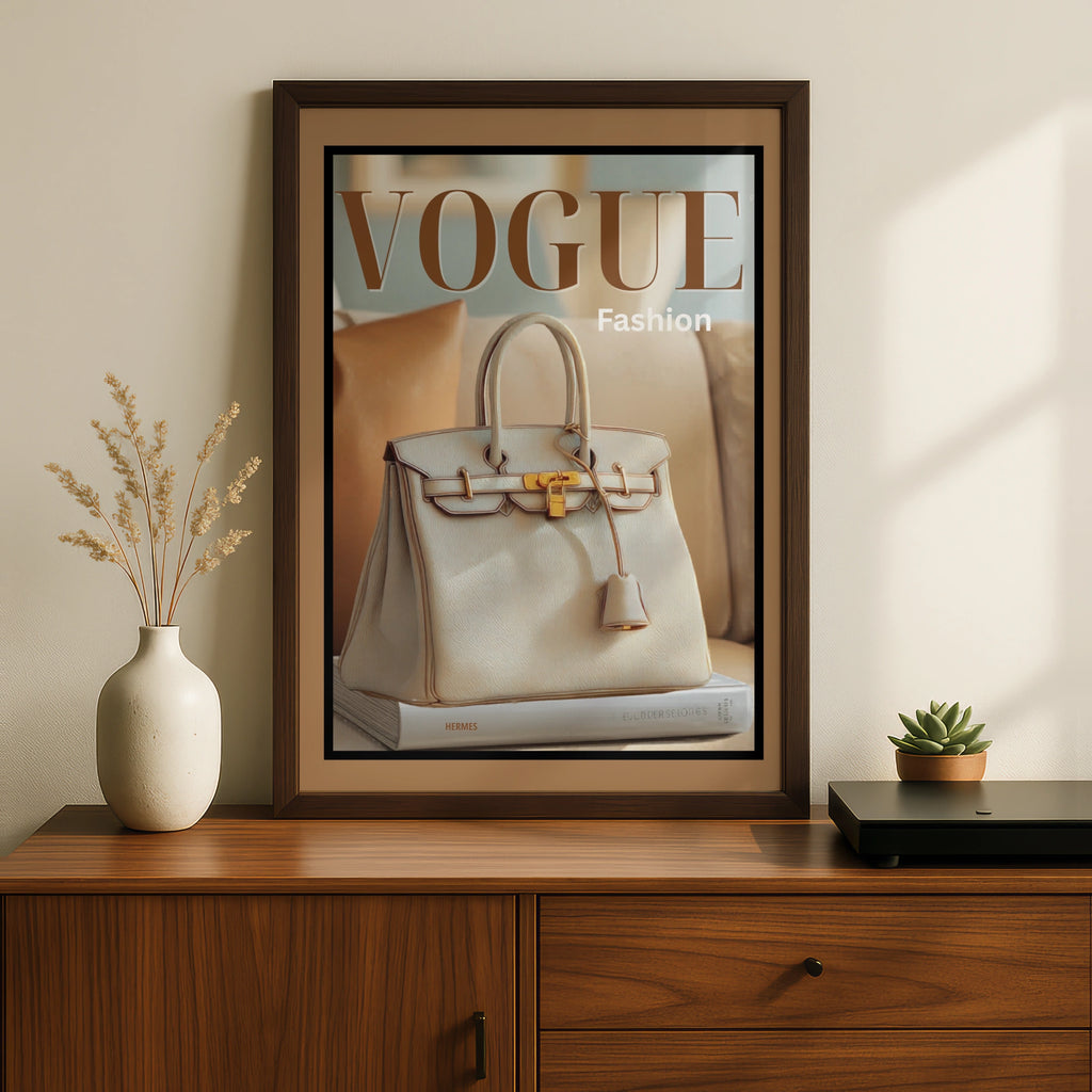 Vogue Fashion Wall Art, Luxury Handbag Fashion Poster, Cream Gold Designer Bag Print