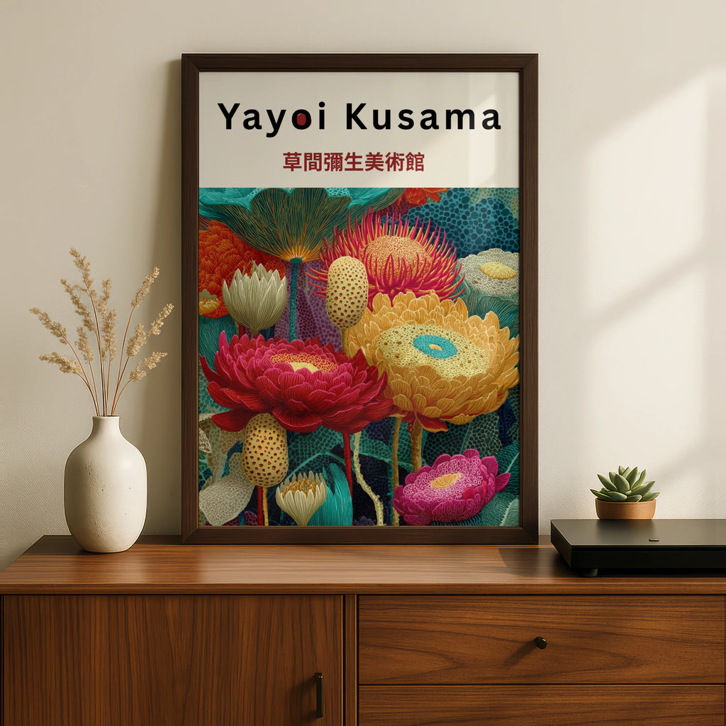 Yayoi Kusama Inspired Floral Poster, Botanical Wall Art, Burgundy Dot Print