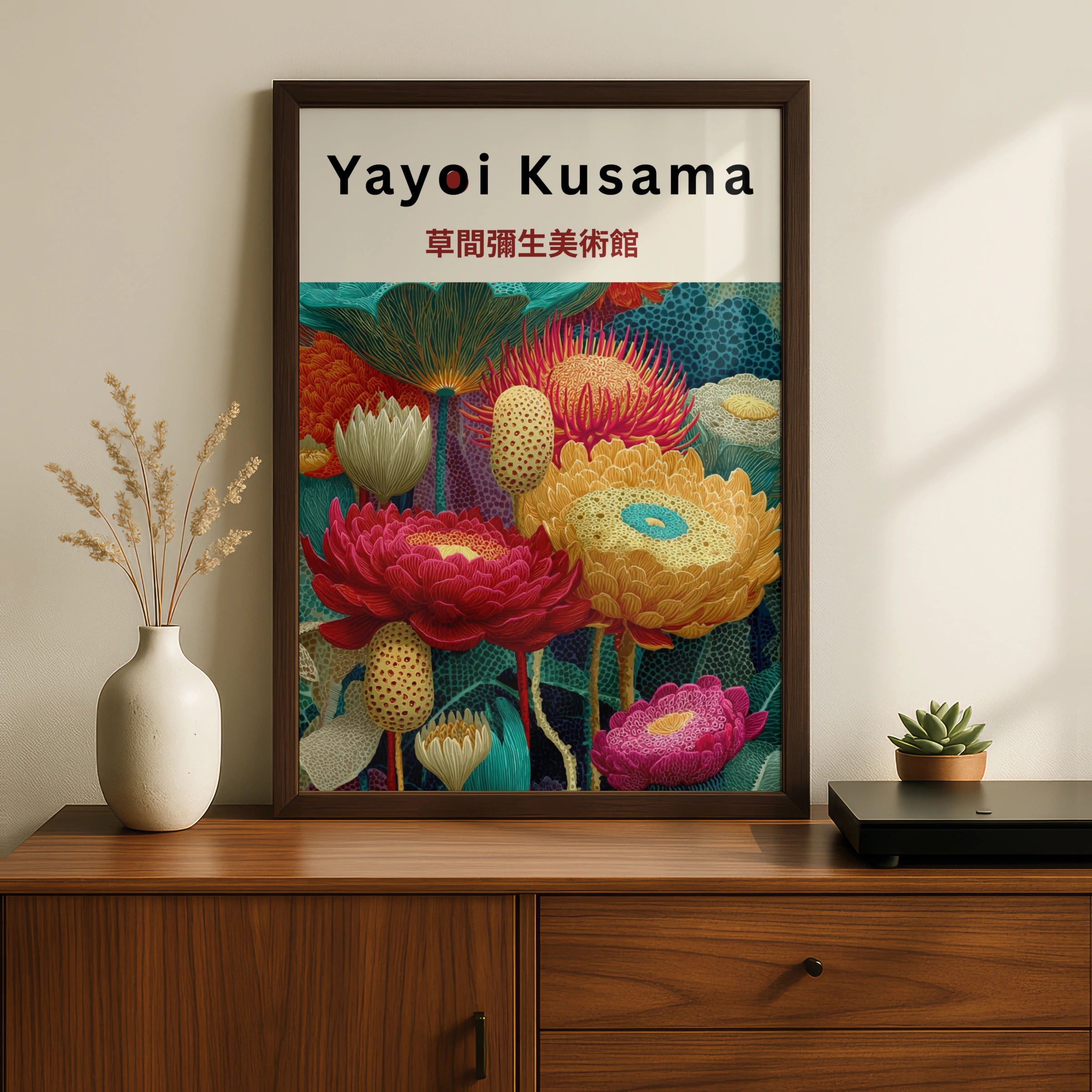 Yayoi Kusama Inspired Floral Poster, Botanical Wall Art, Burgundy Dot Print