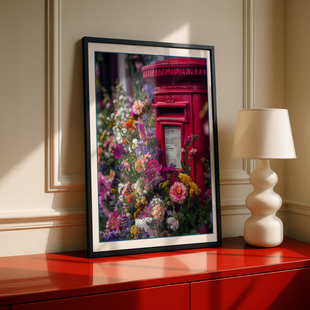 Red Post Box Floral Wall Art, British Letter Box Poster, London Flower Print