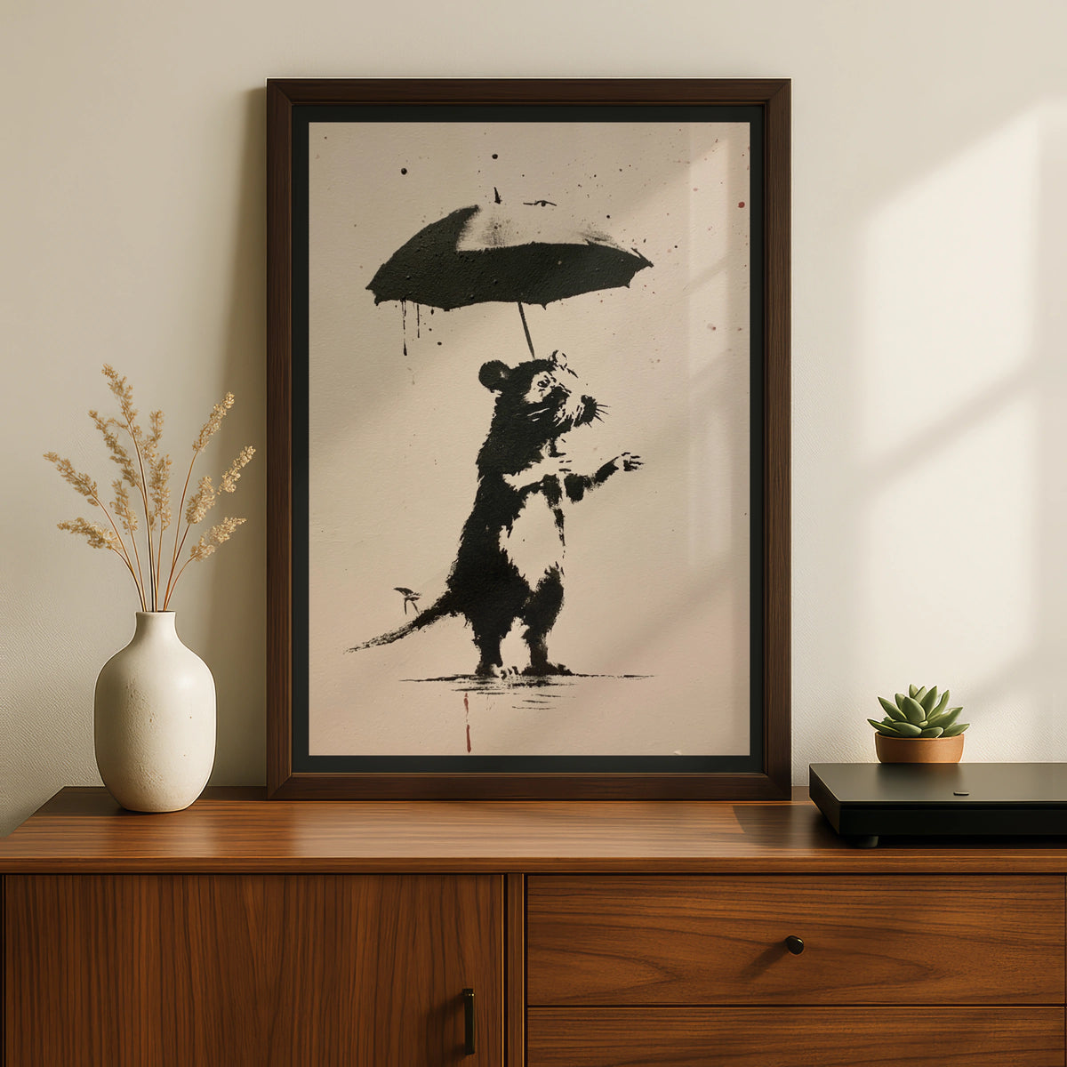 Rat With Umbrella Street Art Poster, Banksy Style Black White Urban Wall Art Print