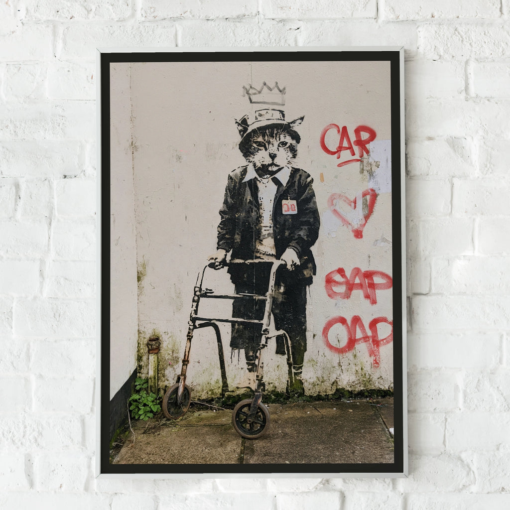 Street Art Cat Walking Frame Poster, Graffiti Wall Art, Urban Stencil Print, Funny Cat Gift