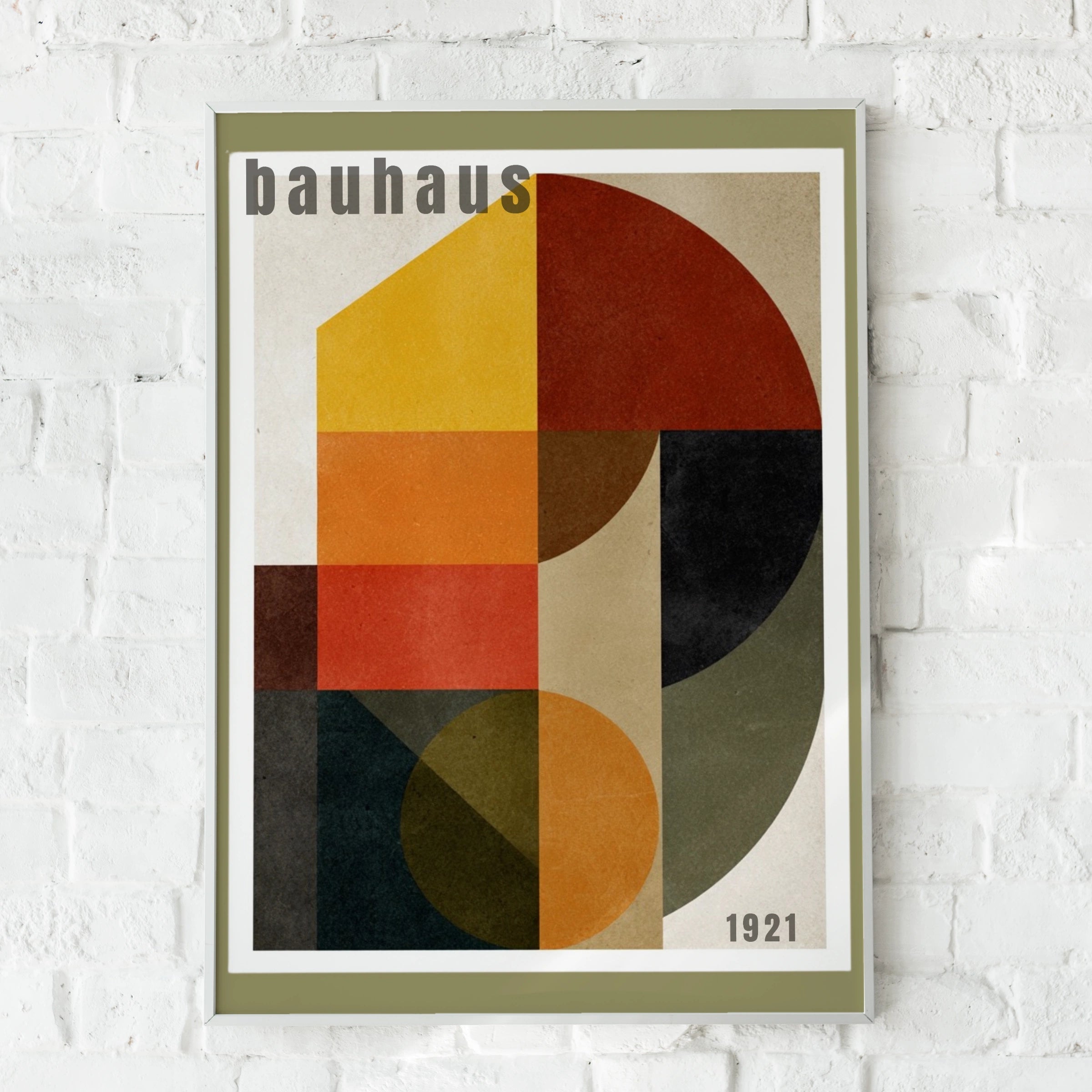 Bauhaus 1921 Geometric Poster, Olive Retro Wall Art, Mid Century Modern Print