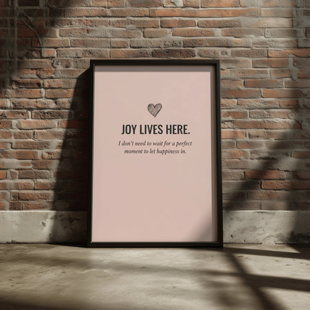 Joy Lives Here Happiness Quote Poster, Blush Pink Minimalist Wall Art Print