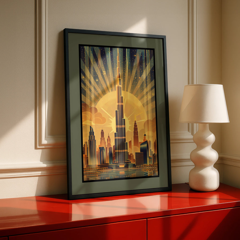 Travel Wall Art. | Dubai Skyline Poster, Burj Khalifa Art Deco Print, Gold City Wall Art, 