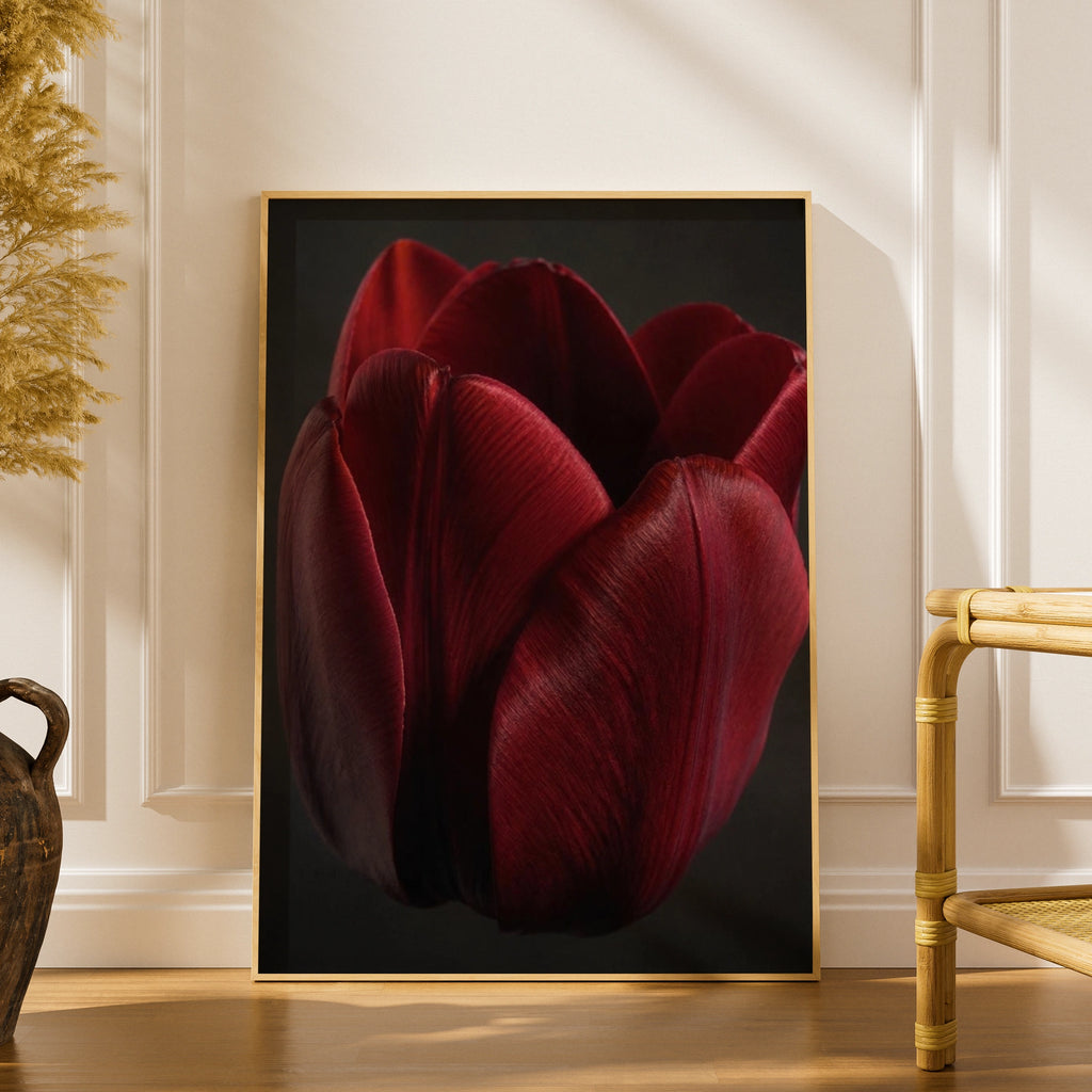 Red Tulip Flower Poster, Dark Moody Botanical Wall Art, Crimson Floral Print for Living Room