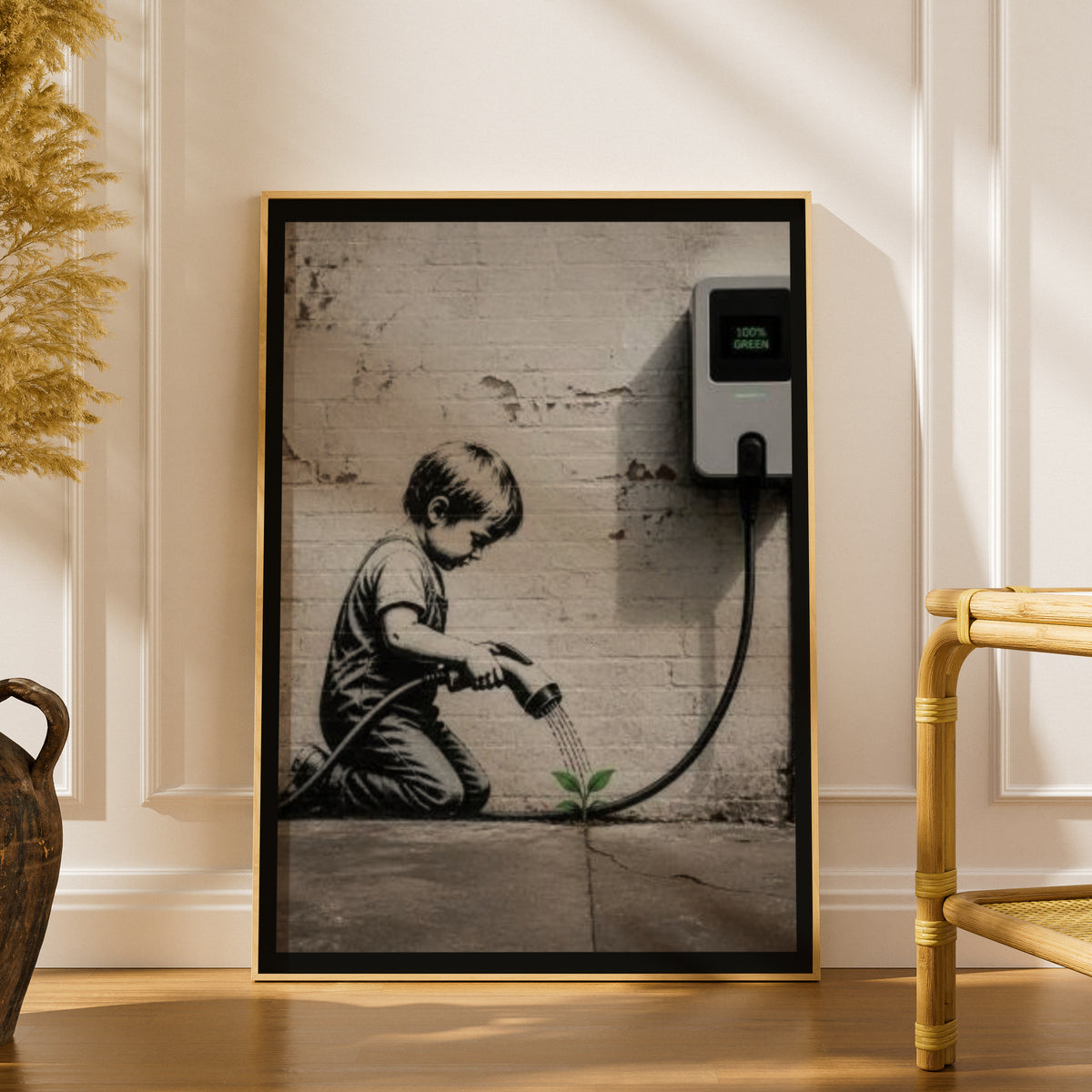 Banksy Style Street Art Poster, EV Charger Child Watering Plant, Urban Wall Art Print