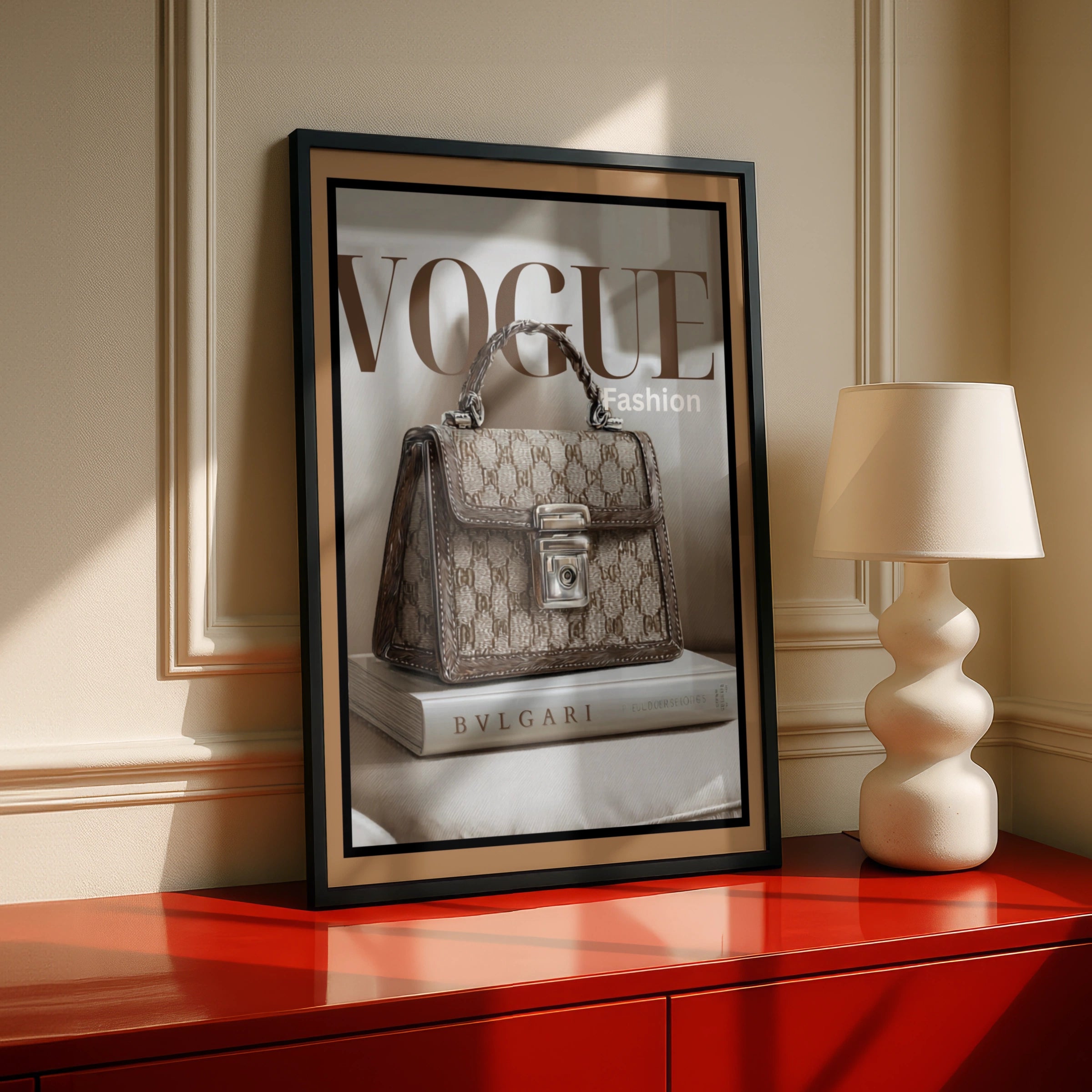 Vogue Fashion Poster, Luxury Handbag Wall Art, Brown Beige Designer Print, Chic