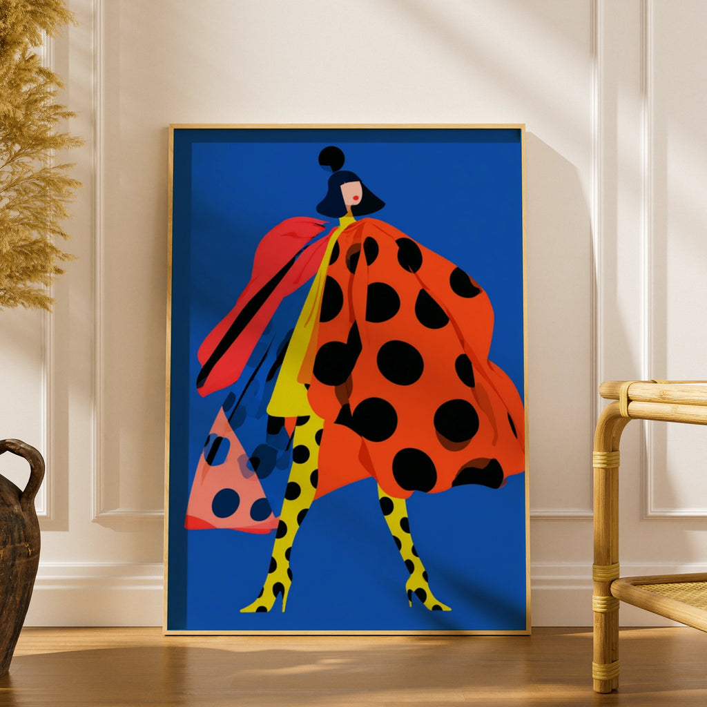 Polka Dot Fashion Poster, Bold Blue Wall Art, Colourful Woman Print, Maximalist Decor