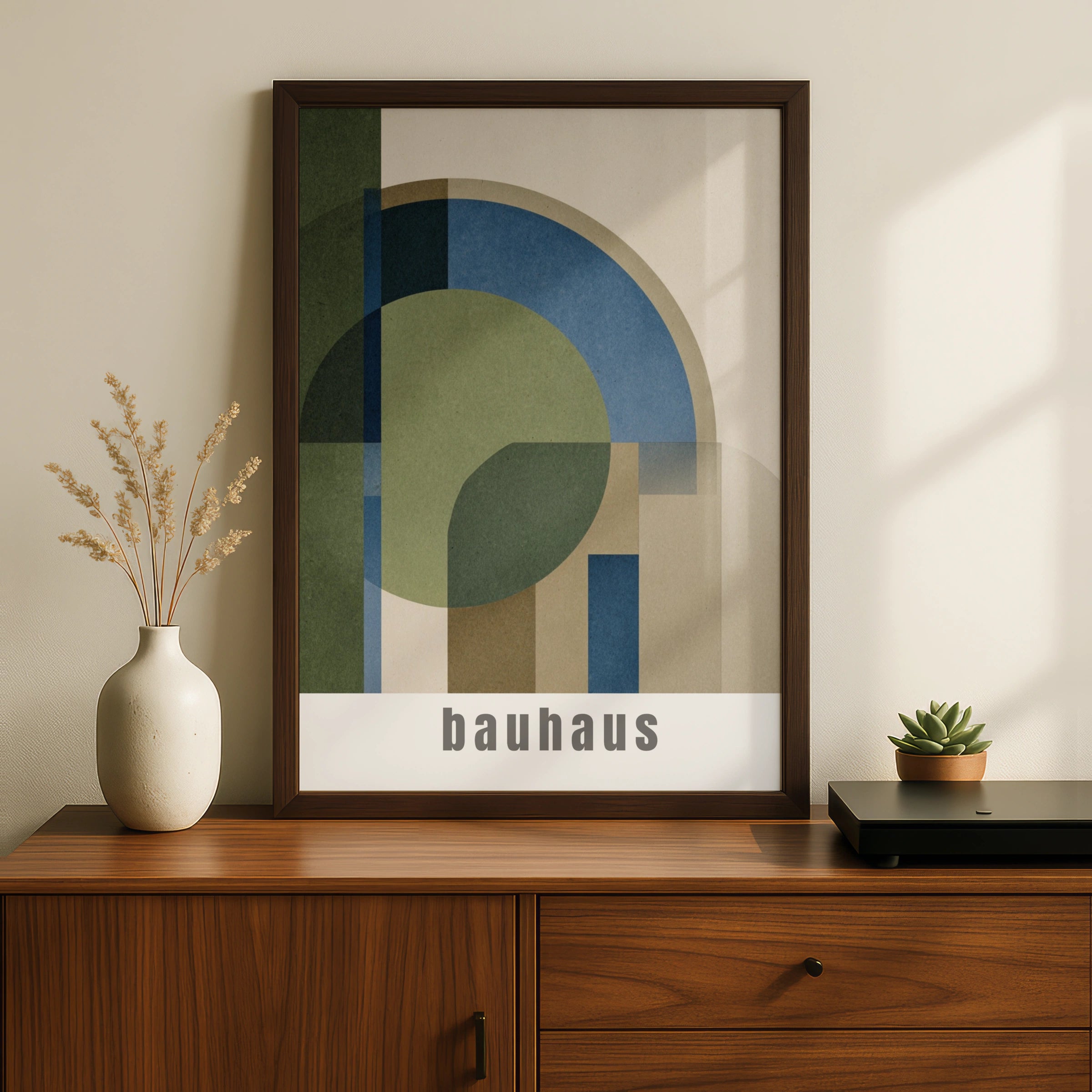 Bauhaus Geometric Art Print, Natural Tones, Green Blue Beige Abstract Wall Poster