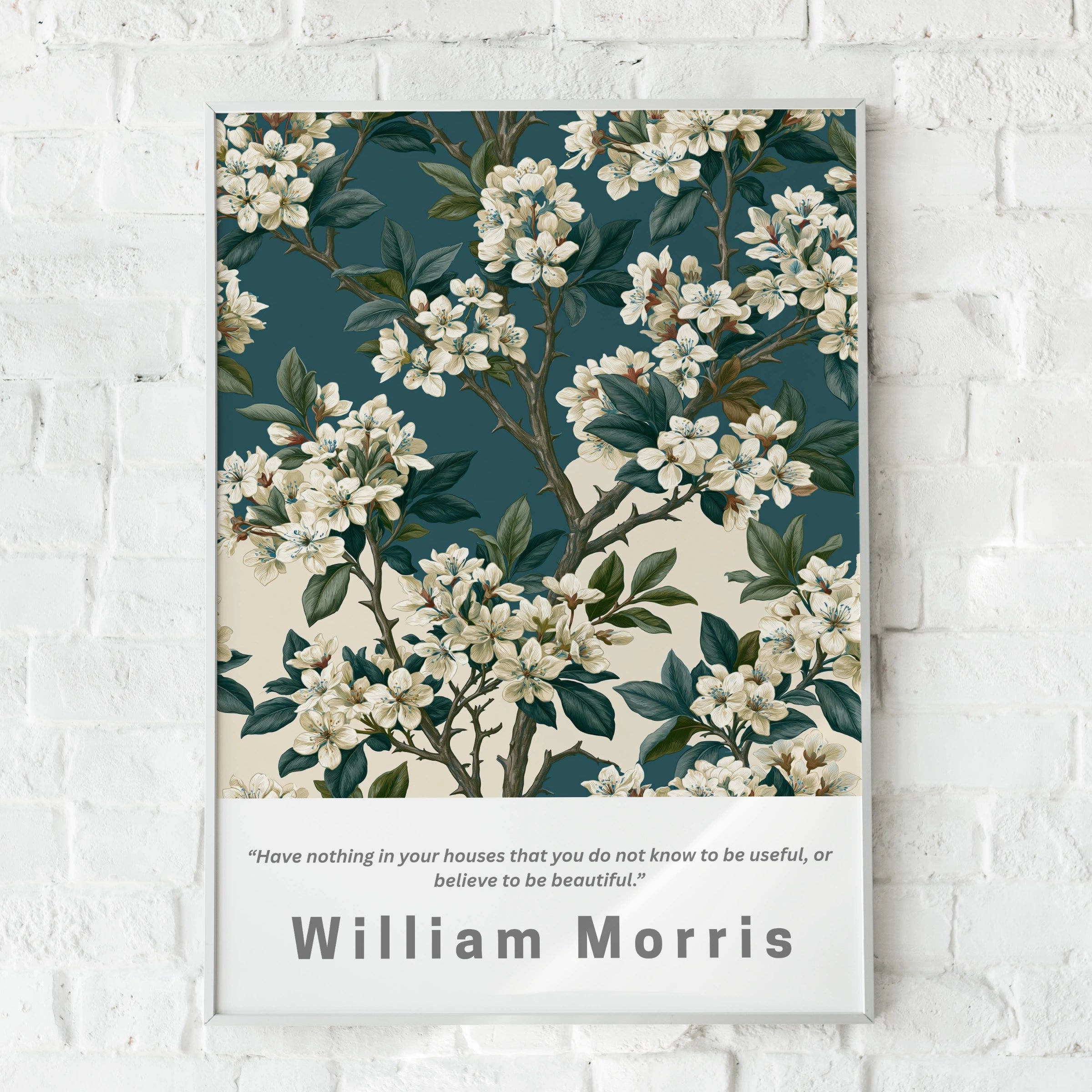 William Morris Thorn Floral Poster, Botanical Wall Art, Teal Cream Blossom Print