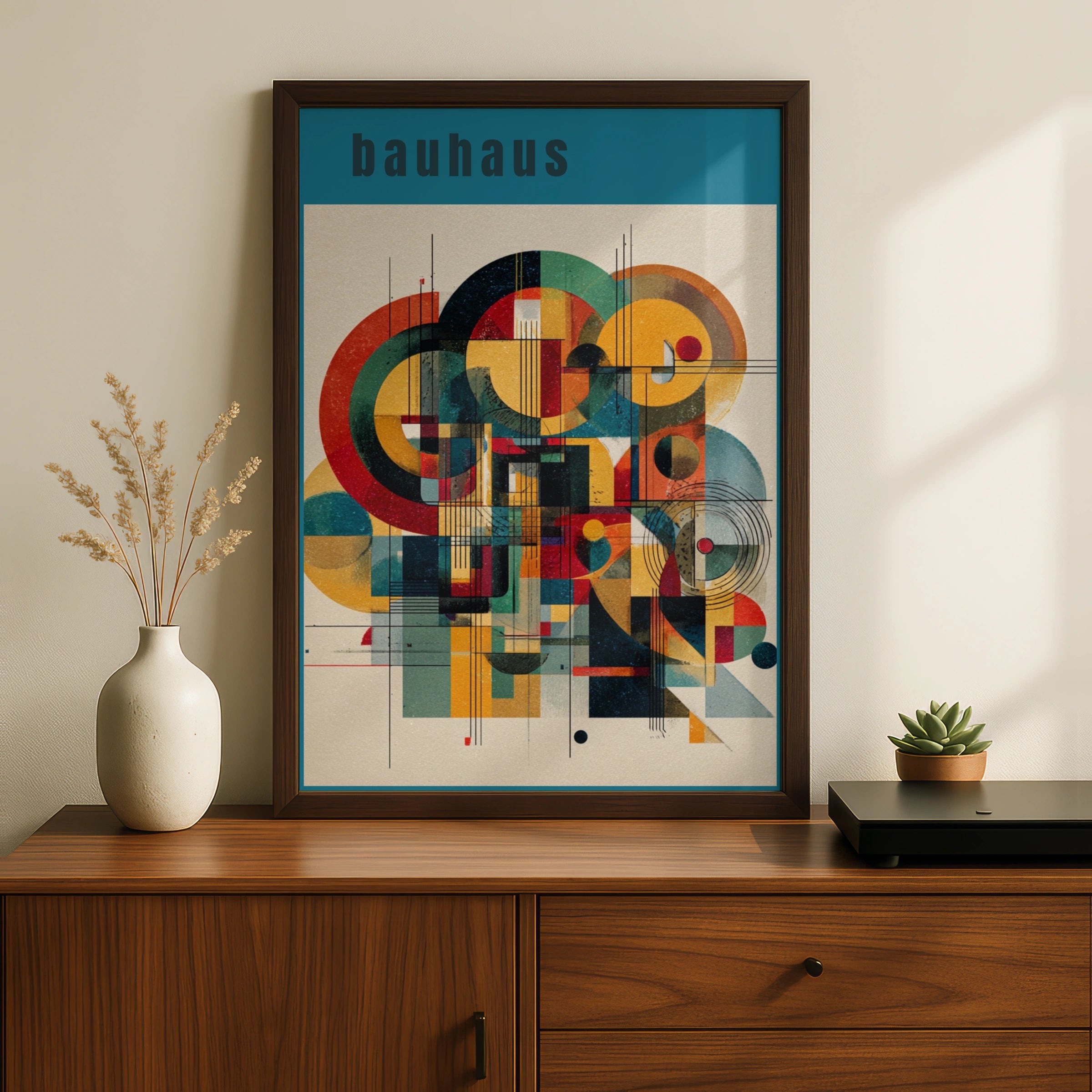 Bauhaus Teal Abstract Geometric Poster, Retro Art Print, Colourful Wall Art Decor