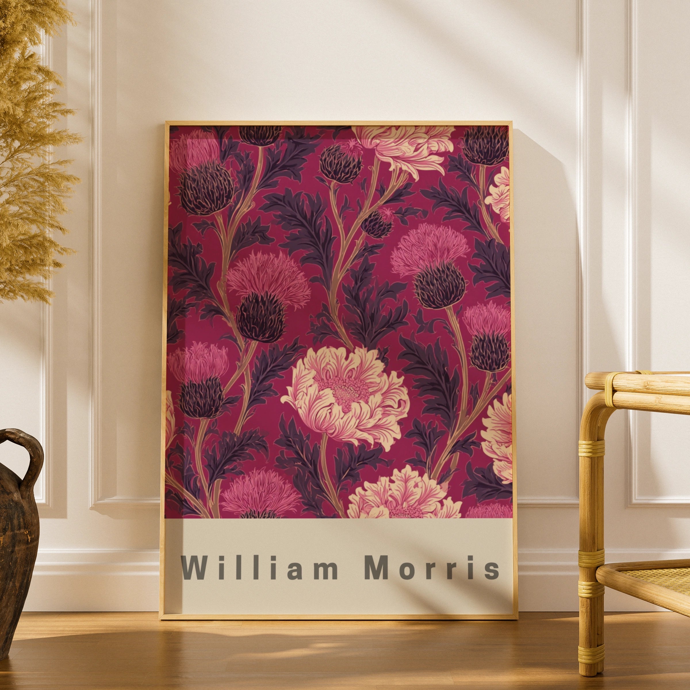William Morris Raspberry Floral Poster, Botanical Wall Art, Pink Thistle Print, Arts and Crafts