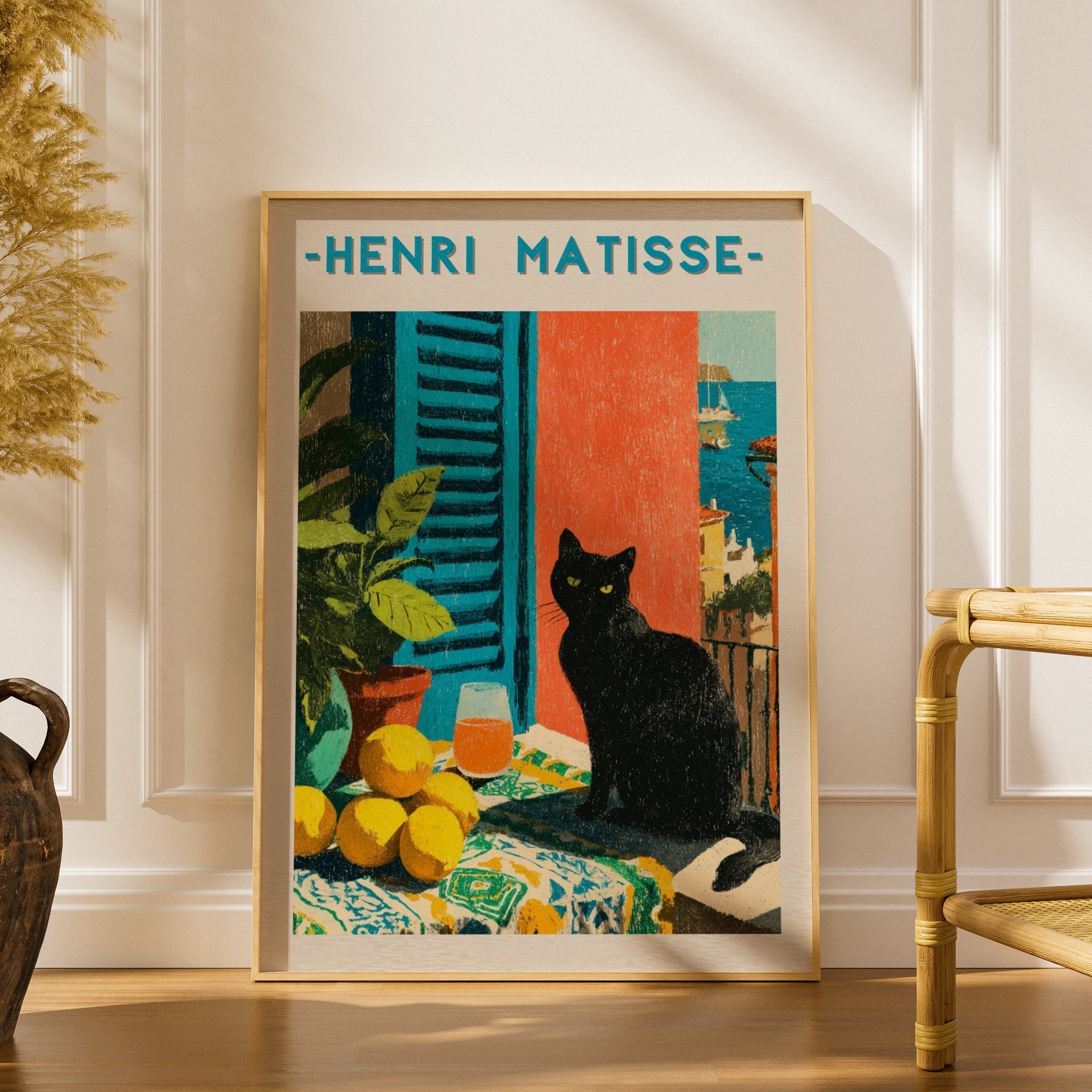 Black Cat Patio Poster, Matisse Style Wall Art, Mediterranean Print, Colourful