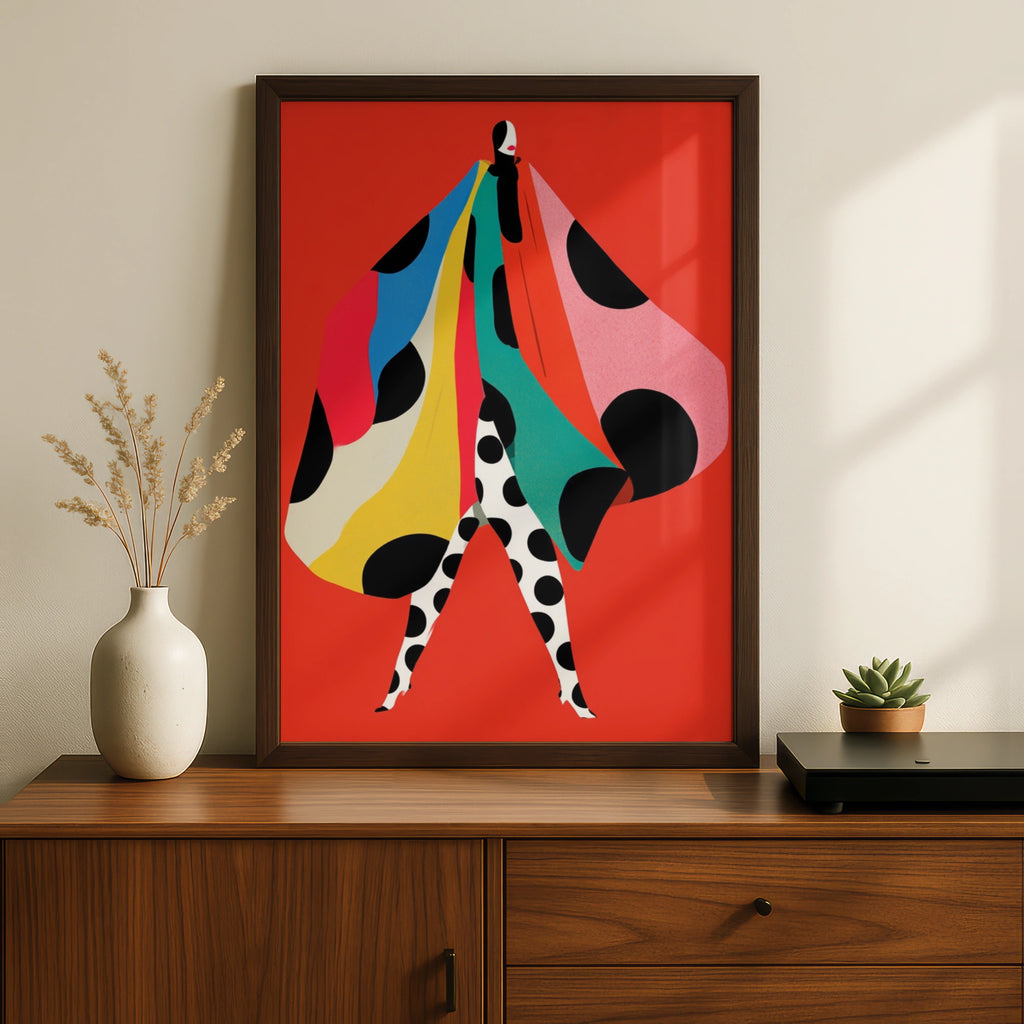 Polka Dot Fashion Poster, Bold Red Art Print, Colourful Woman Wall Art, Retro