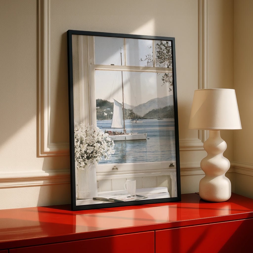 Watercolour Window Sailboat Print, Coastal Bay Wall Art, Nautical Poster, Cottage