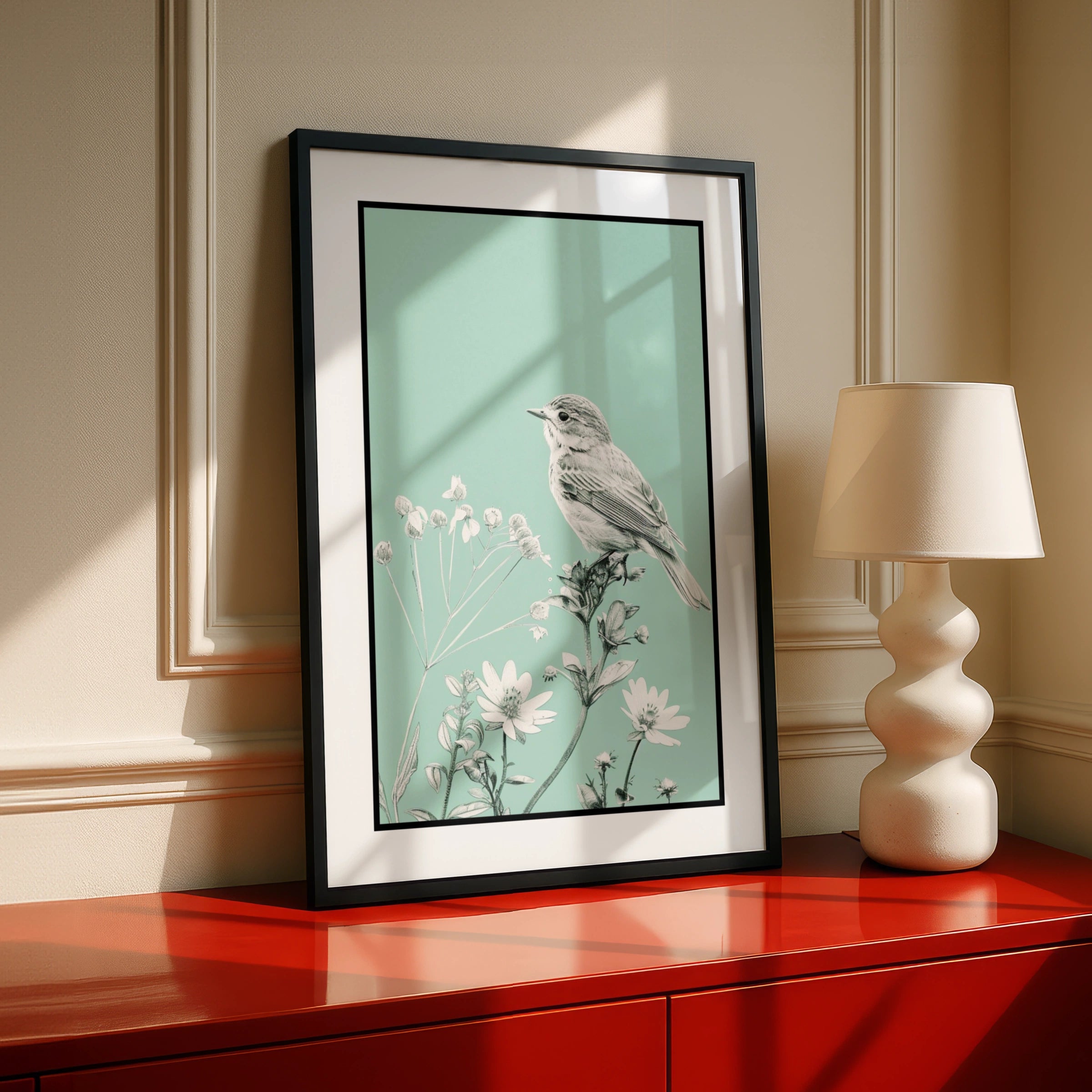 Botanical Wall Art | Teal Bird Poster, Wildflower Wall Art, Mint Green Nature Print, Floral
