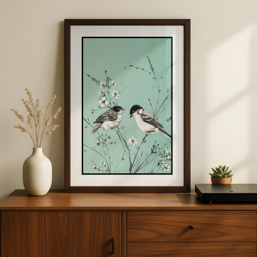 Botanical Wall Art | Teal Bird Poster,, Floral Wildflower Print, Mint Green Decor