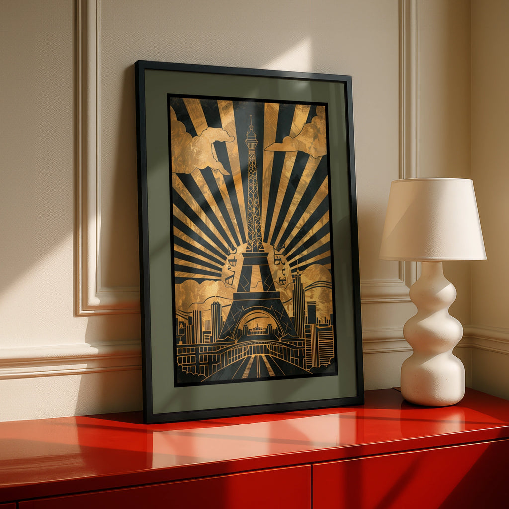 Travel Wall Art | Paris Eiffel Tower Art Deco Poster, Gold Black Vintage Wall Art Print