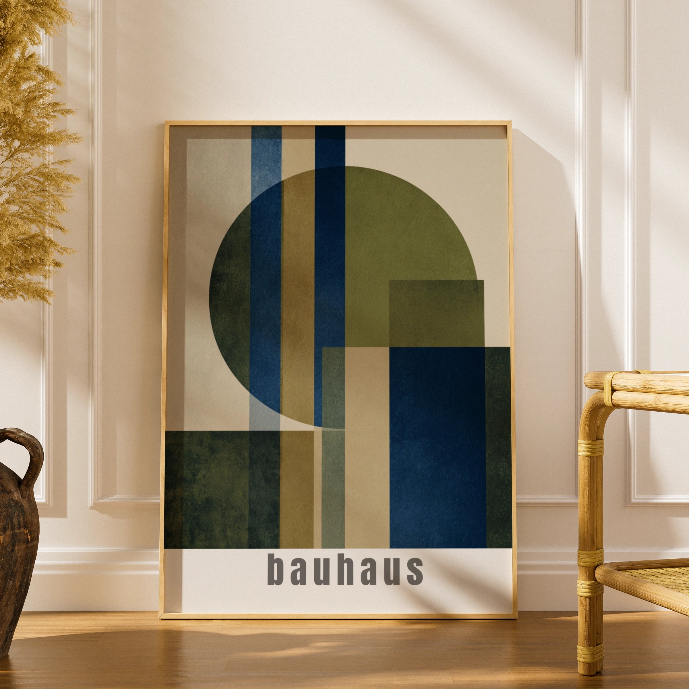 Bauhaus Geometric Poster, Navy Blue Olive Green Abstract Wall Art Print, Minimalist