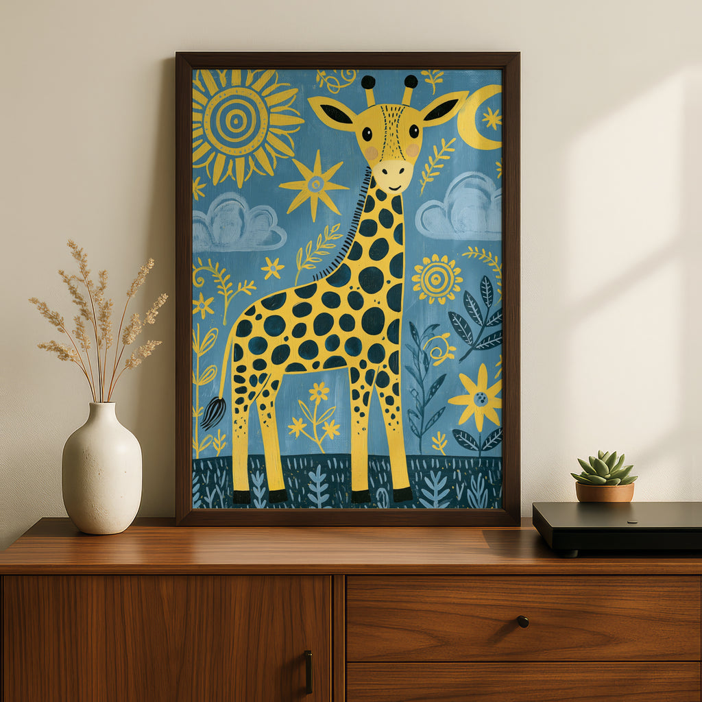 Cute Giraffe Kids Wall Art, Yellow Blue Nursery Poster, Folk Art Animal Print for Children