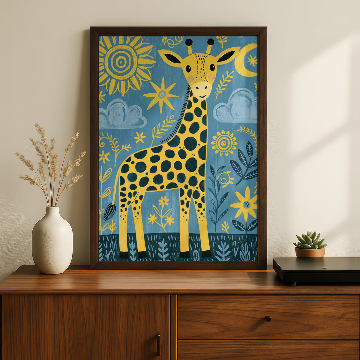 Cute Giraffe Kids Wall Art, Yellow Blue Nursery Poster, Folk Art Animal Print for Children