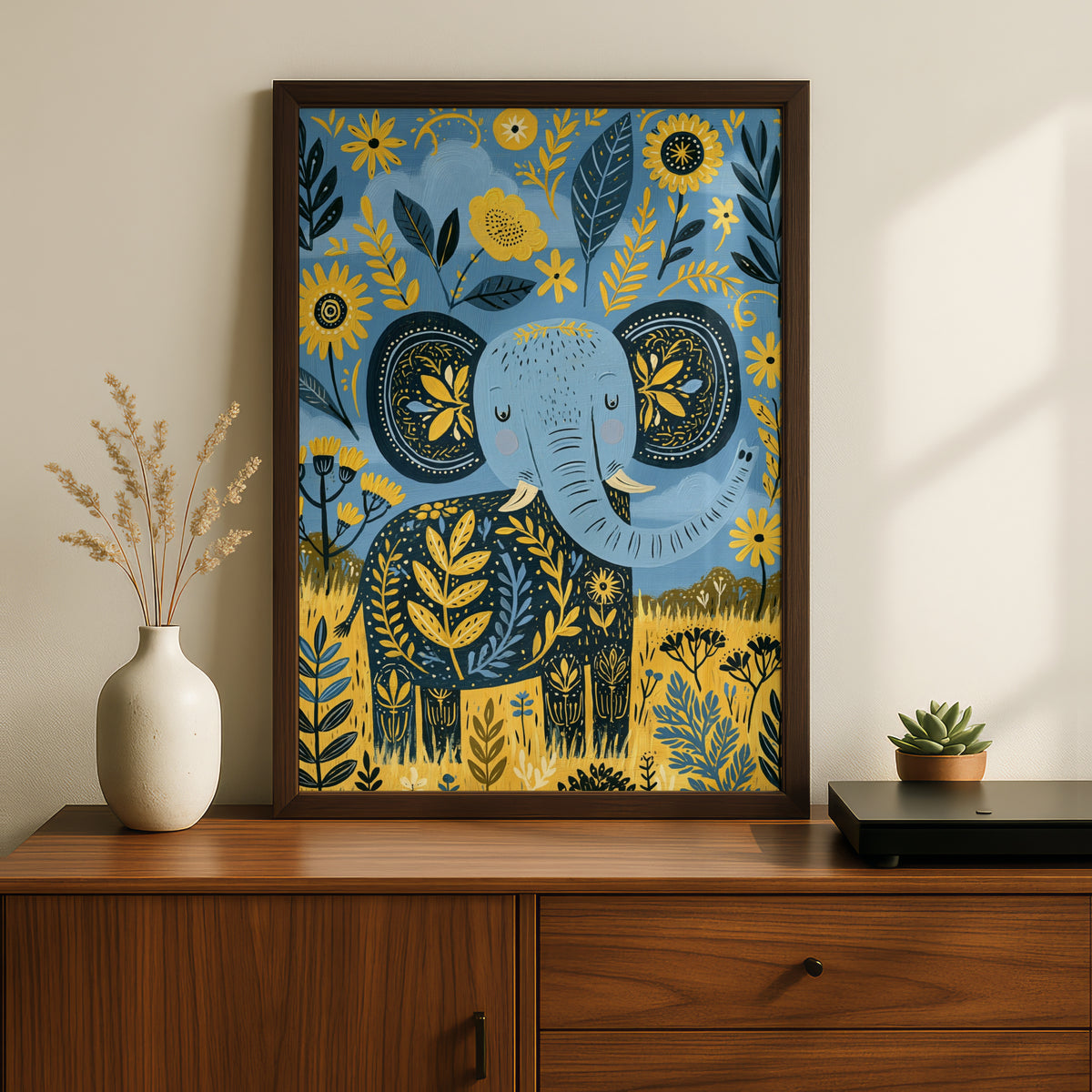 Kids Elephant Floral Wall Art, Folk Art Animal Poster, Blue Yellow Nursery Print