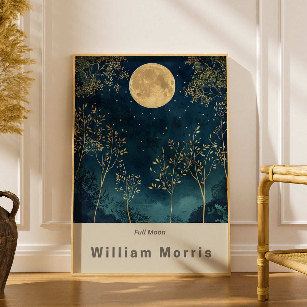 Full Moon Print, William Morris Wall Art, Navy Gold Botanical Poster, Celestial Night Sky Decor