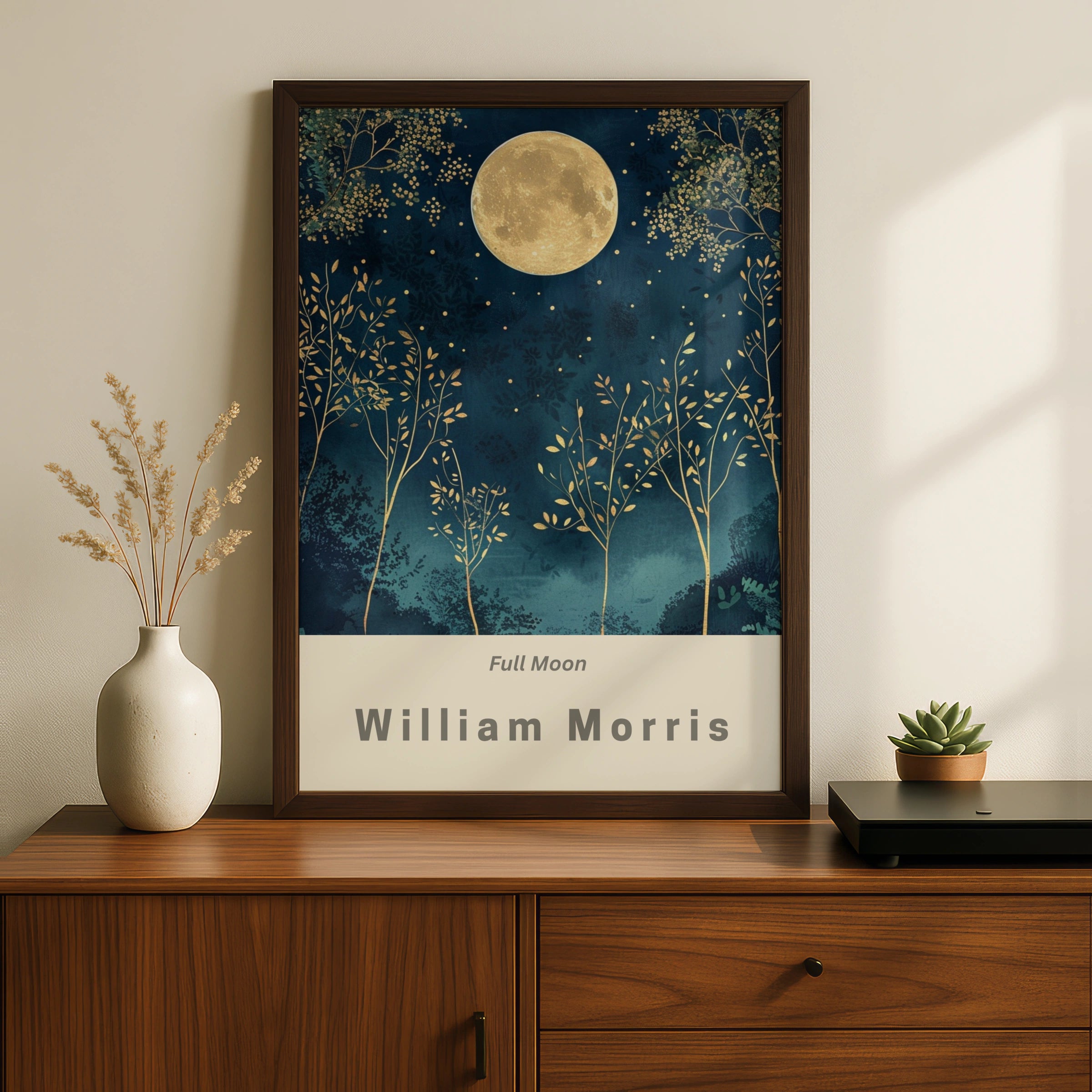 Full Moon Print, William Morris Wall Art, Navy Gold Botanical Poster, Celestial Night Sky Decor