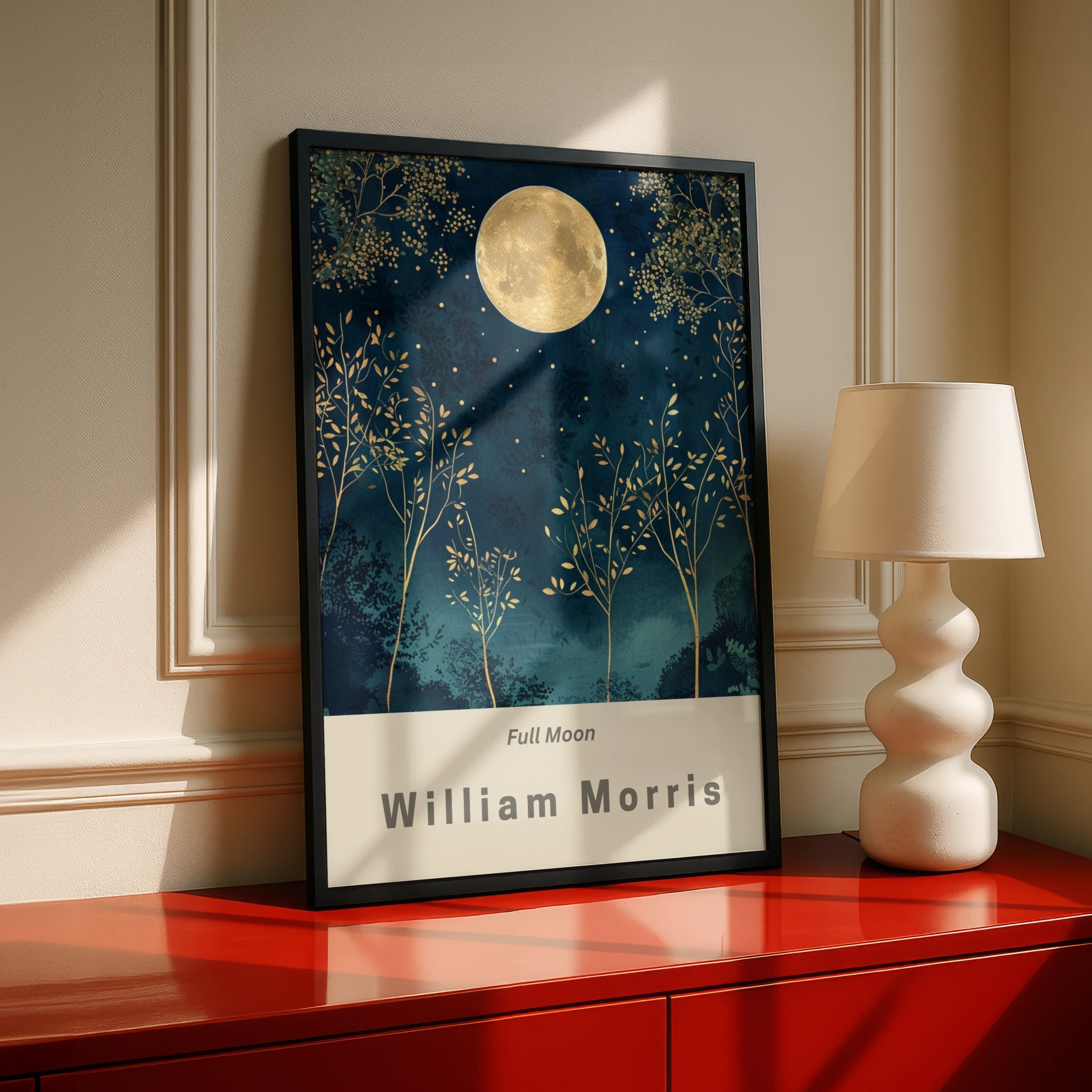 Full Moon Print, William Morris Wall Art, Navy Gold Botanical Poster, Celestial Night Sky Decor