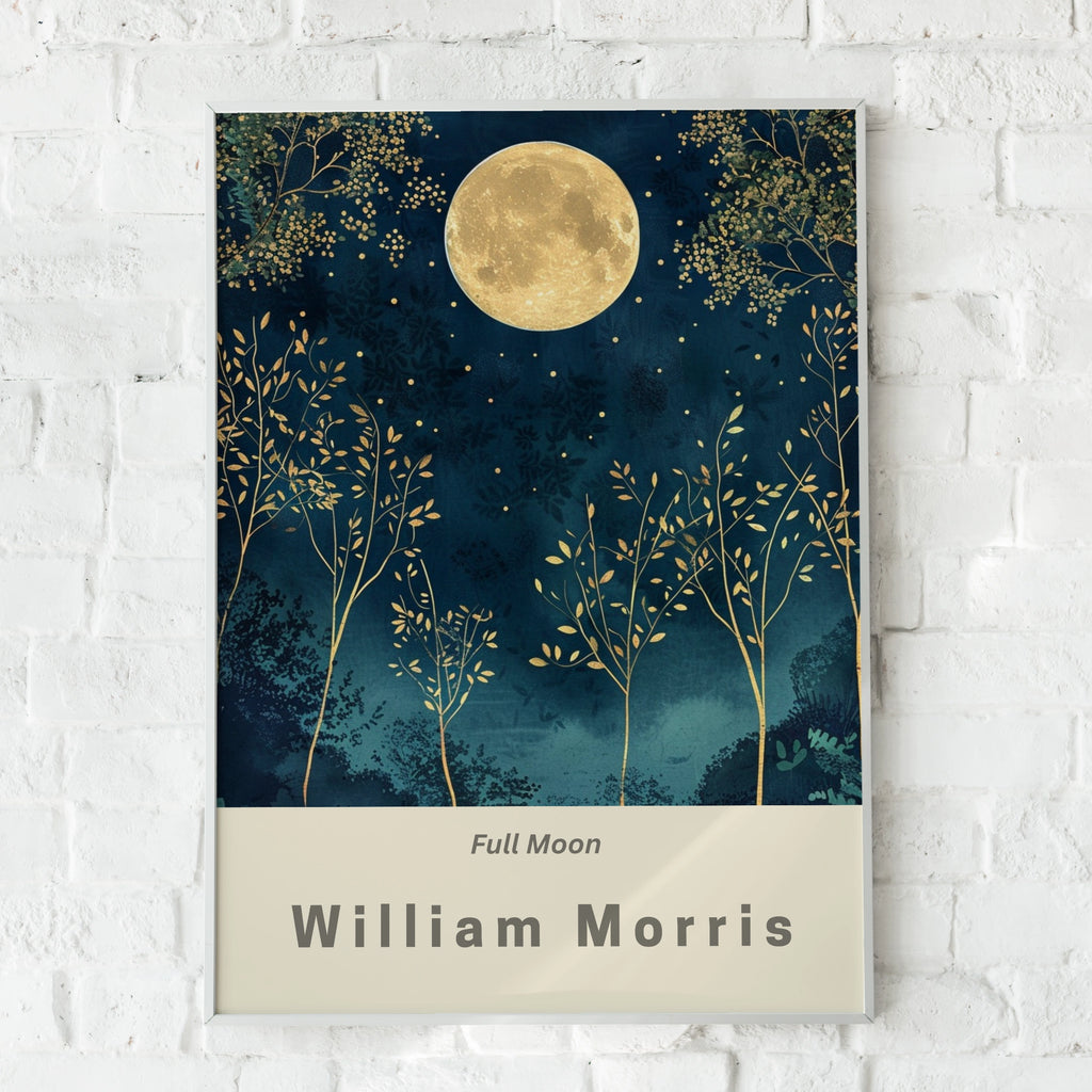 Full Moon Print, William Morris Wall Art, Navy Gold Botanical Poster, Celestial Night Sky Decor