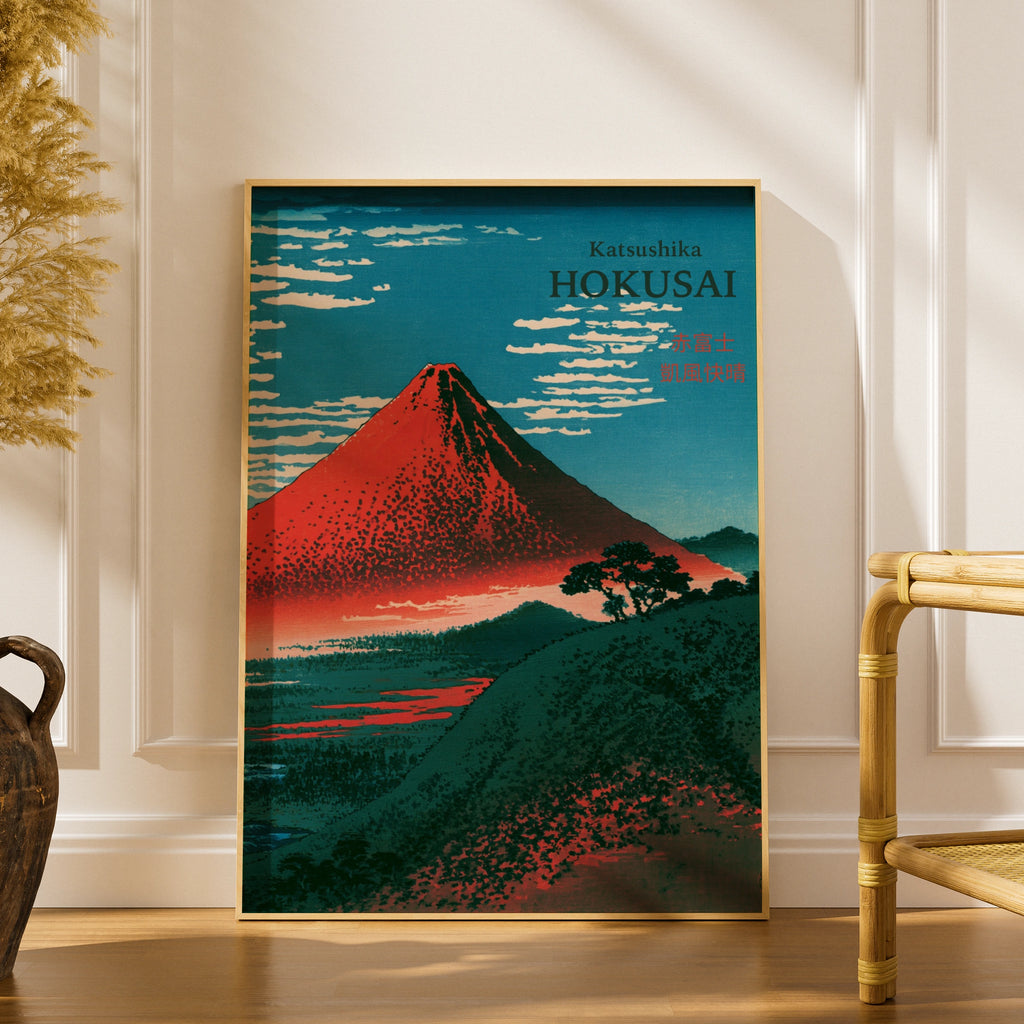 Hokusai Red Fuji Print, Japanese Woodblock Wall Art, Mount Fuji Poster, Teal