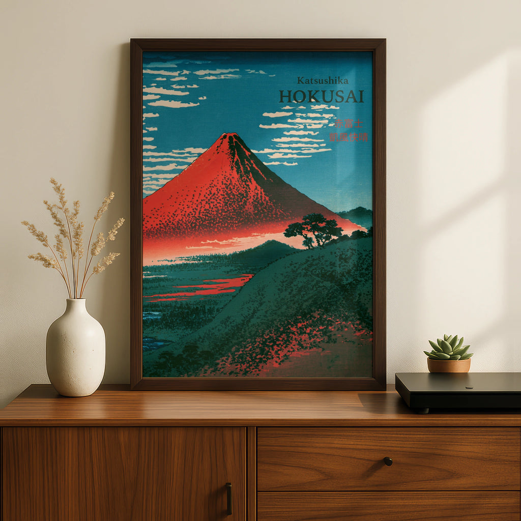 Hokusai Red Fuji Print, Japanese Woodblock Wall Art, Mount Fuji Poster, Teal