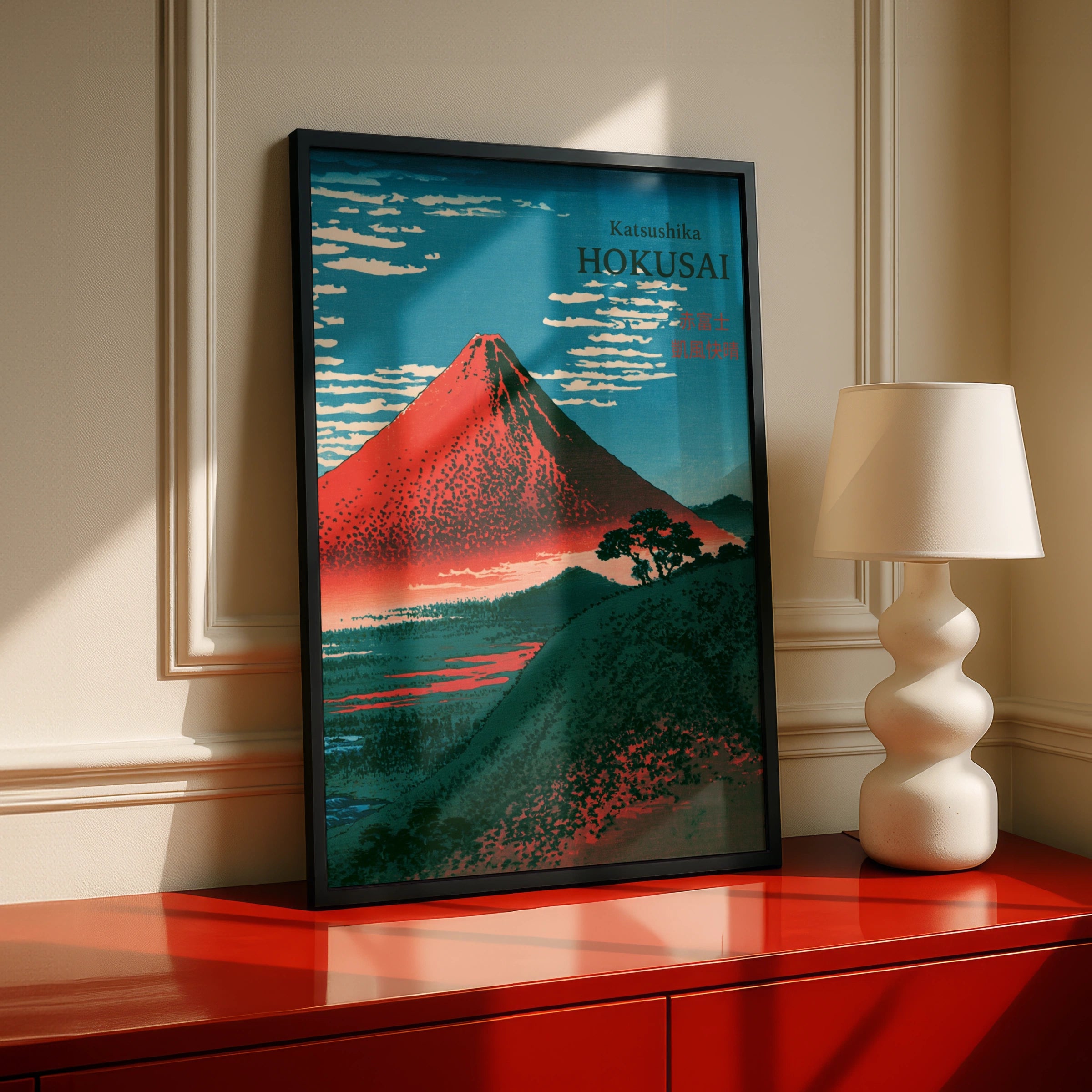 Hokusai Red Fuji Print, Japanese Woodblock Wall Art, Mount Fuji Poster, Teal