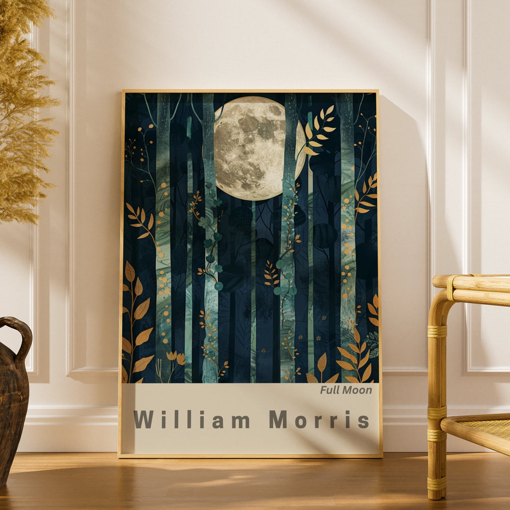 Full Moon Forest Art Print, William Morris Inspired Wall Art, Moonlit Night Scene, Botanical Decor