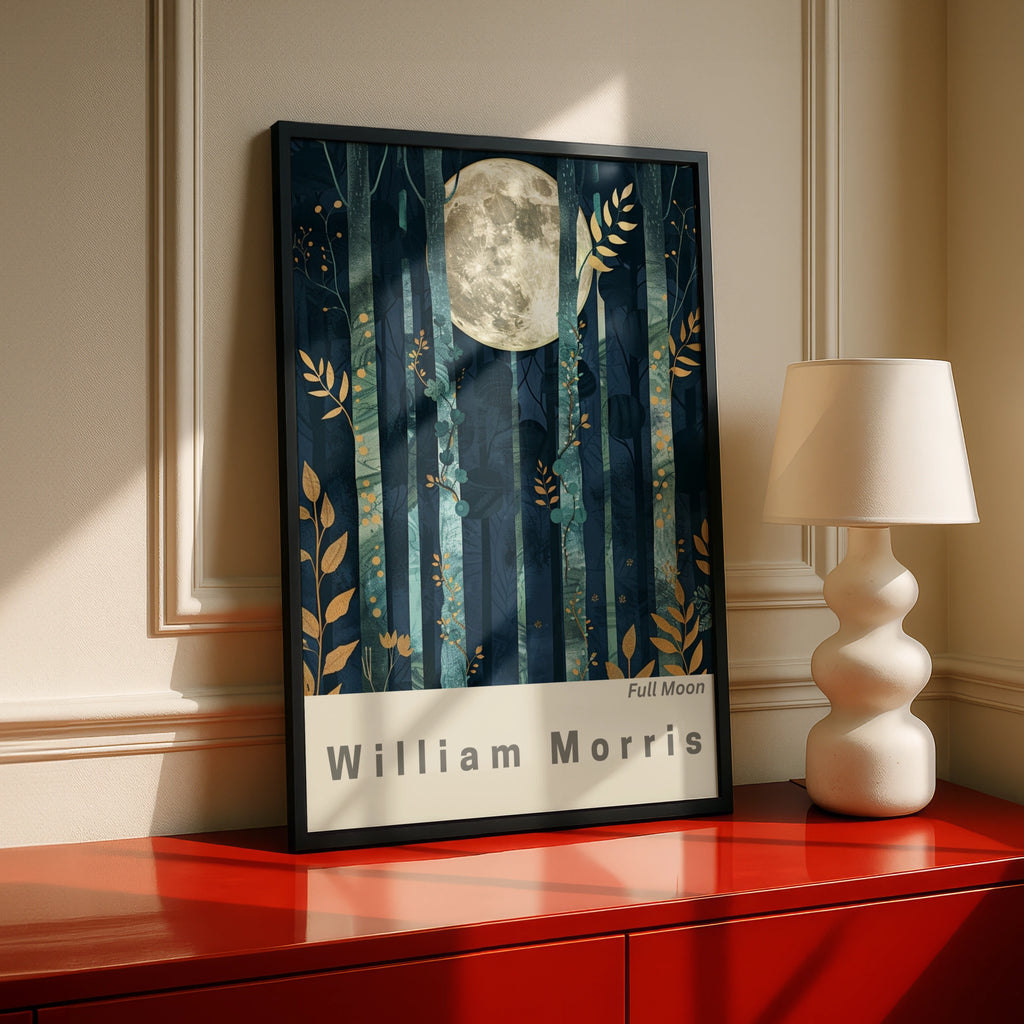 Full Moon Forest Art Print, William Morris Inspired Wall Art, Moonlit Night Scene, Botanical Decor