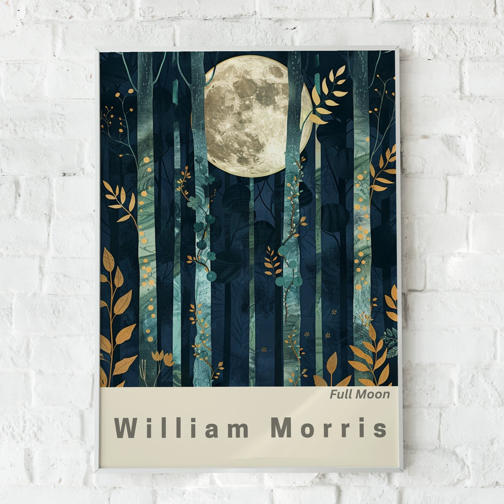 Full Moon Forest Art Print, William Morris Inspired Wall Art, Moonlit Night Scene, Botanical Decor