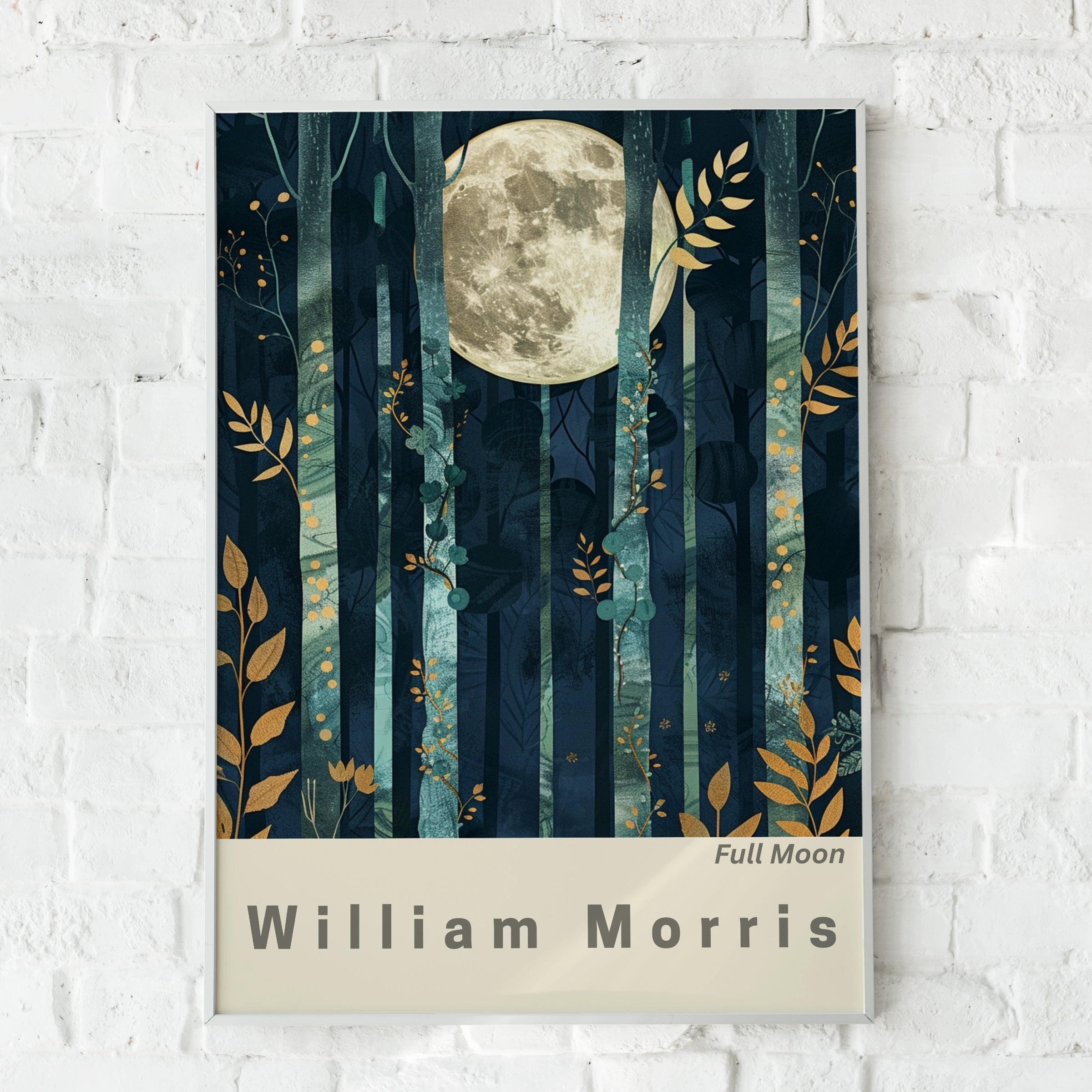 Full Moon Forest Art Print, William Morris Inspired Wall Art, Moonlit Night Scene, Botanical Decor