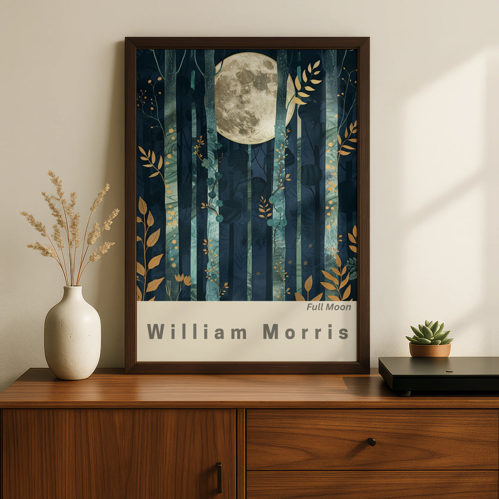 Full Moon Forest Art Print, William Morris Inspired Wall Art, Moonlit Night Scene, Botanical Decor