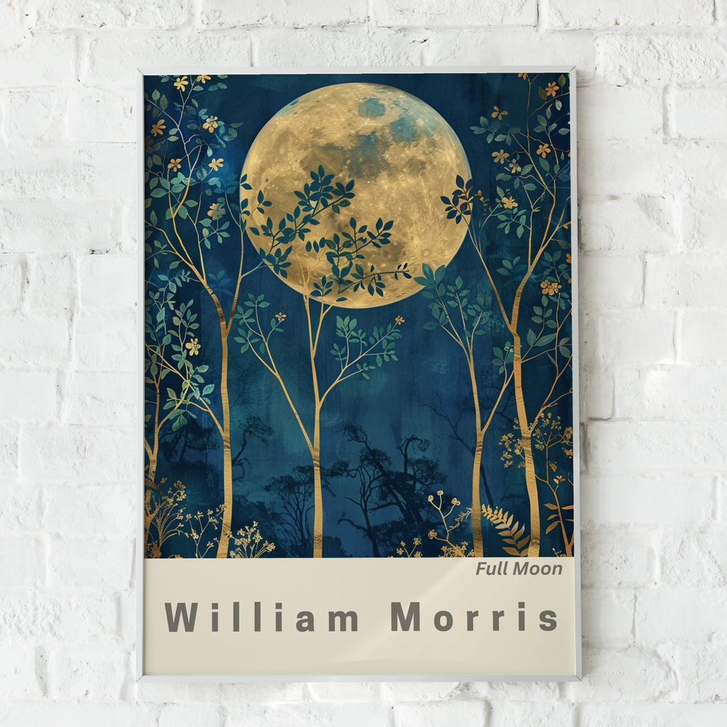 William Morris Full Moon Art Print, Floral Wall Decor, Moonlit Nature Scene, Botanical Print