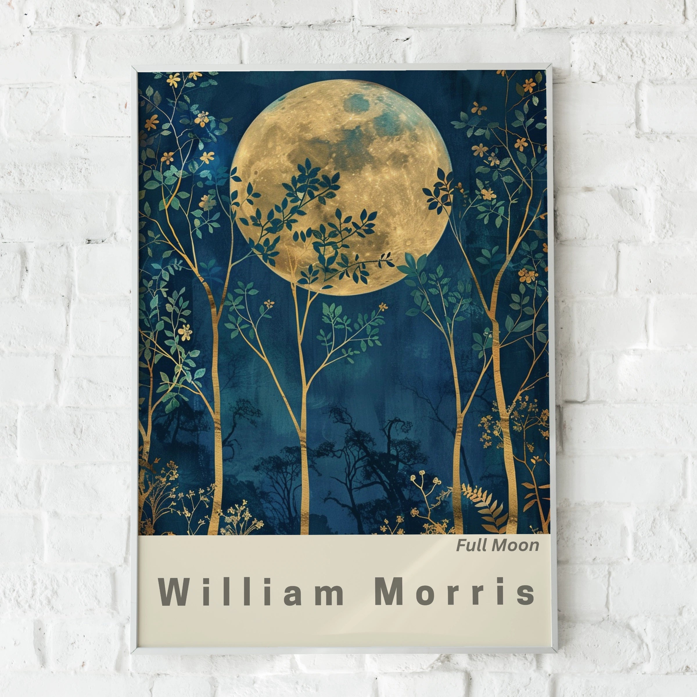 William Morris Full Moon Art Print, Floral Wall Decor, Moonlit Nature Scene, Botanical Print