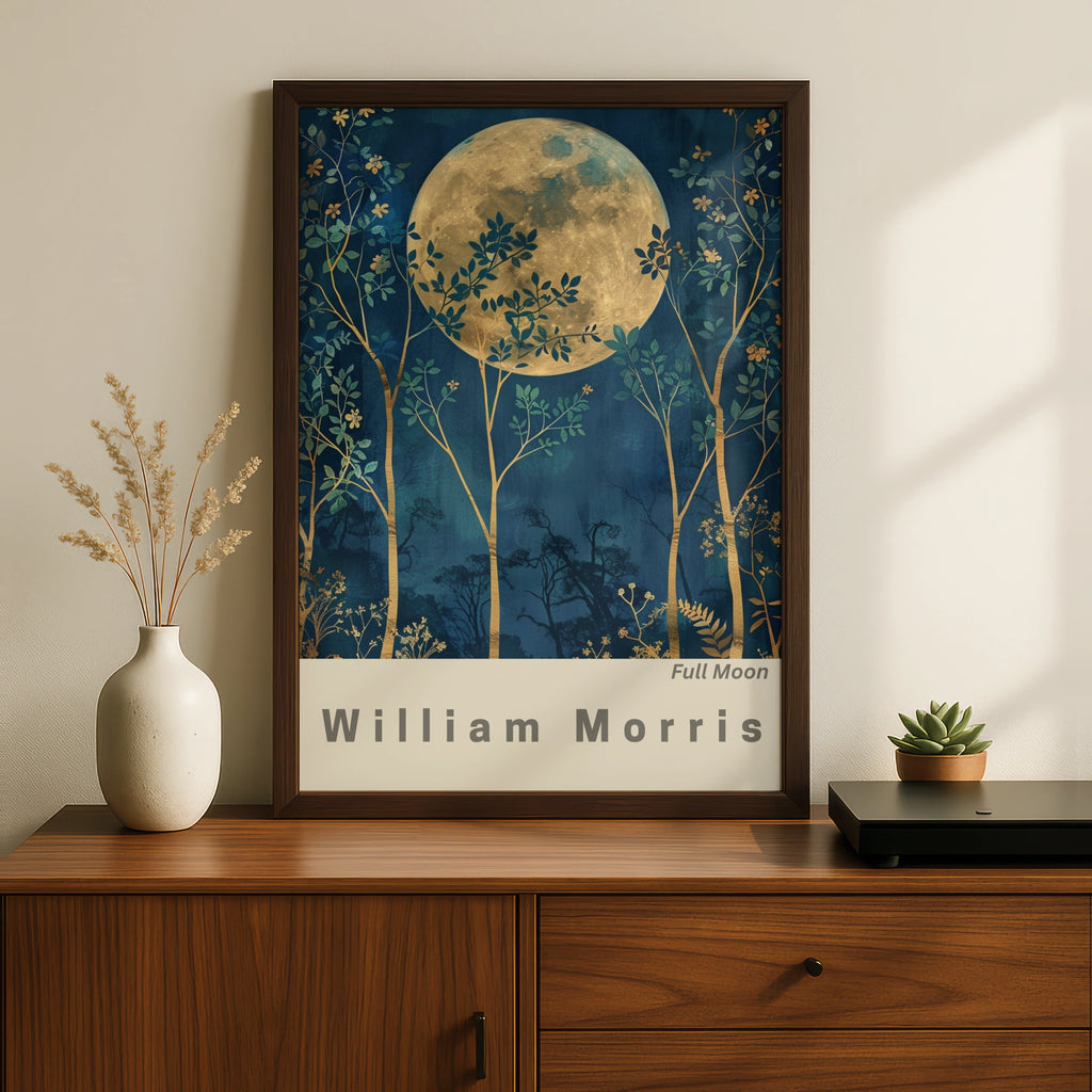 William Morris Full Moon Art Print, Floral Wall Decor, Moonlit Nature Scene, Botanical Print